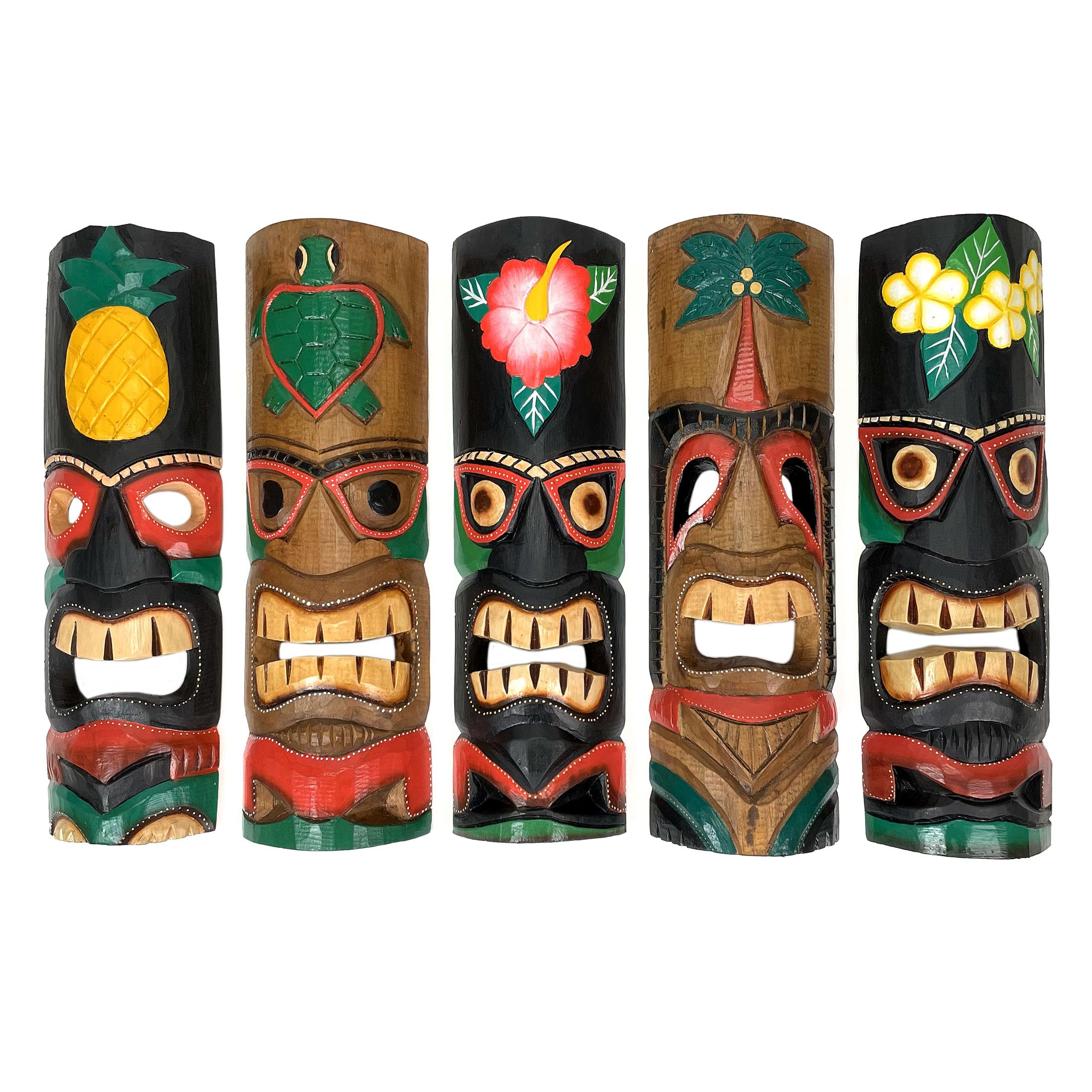 Zeckos Set of 5 Hand-Carved Polynesian-Style Decorative Tiki Masks - Colorful Tropical Wall D  cor Crafted from Sustainable Wood