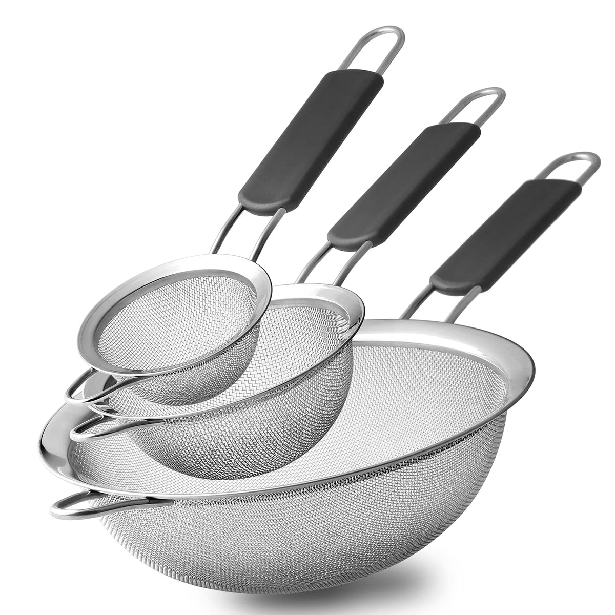 Stainless Steel Fine Mesh Strainers, Set Of 3 Sizes Strainer For Kitchen, Wire Sieve With Insulated Handle Kitchen Strainer, Bak