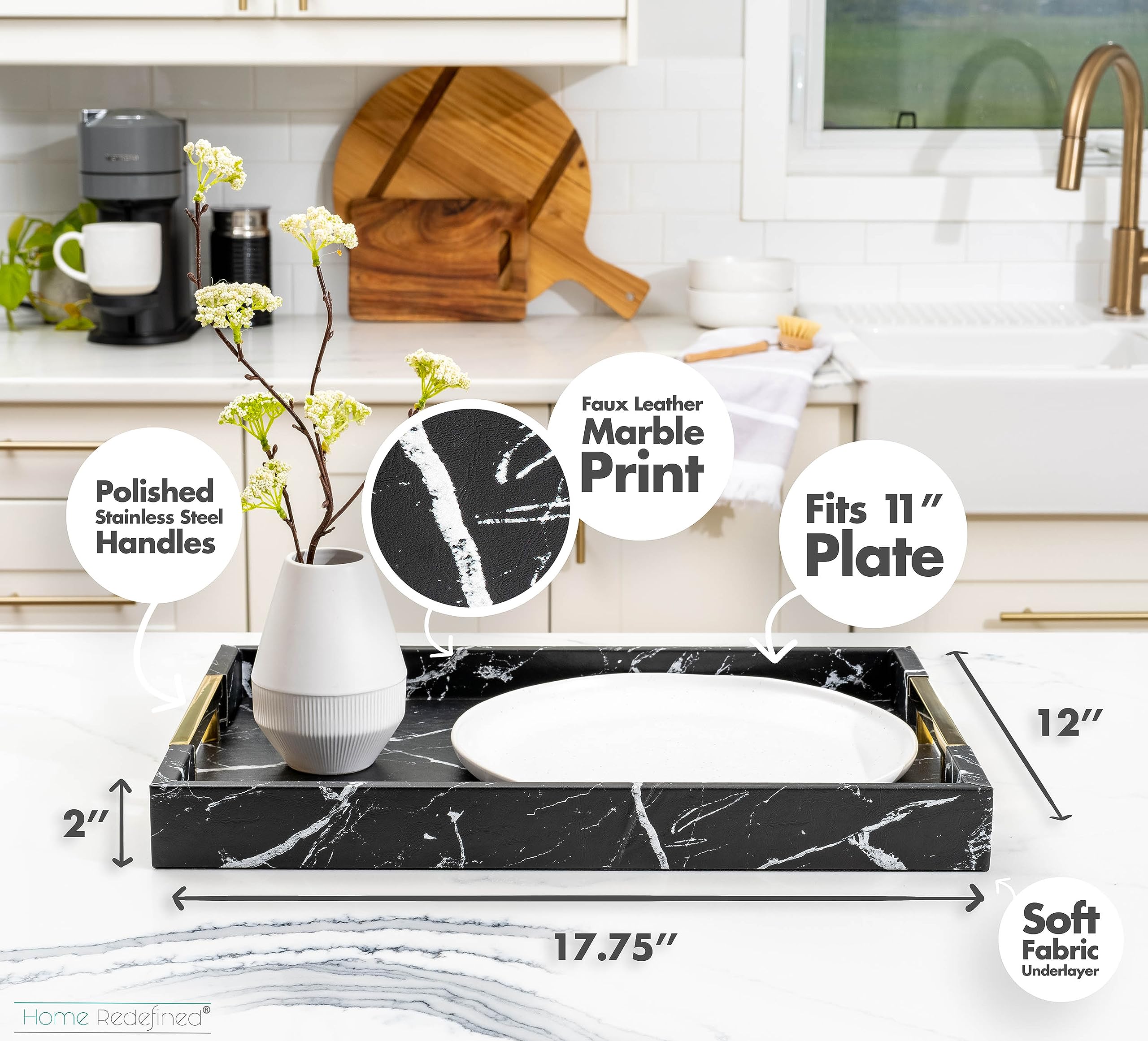 Home Redefined Modern Elegant 18''X12'' Rectangle Black Marble Faux Leather Decorative Ottoman Coffee Table Perfume Living Room