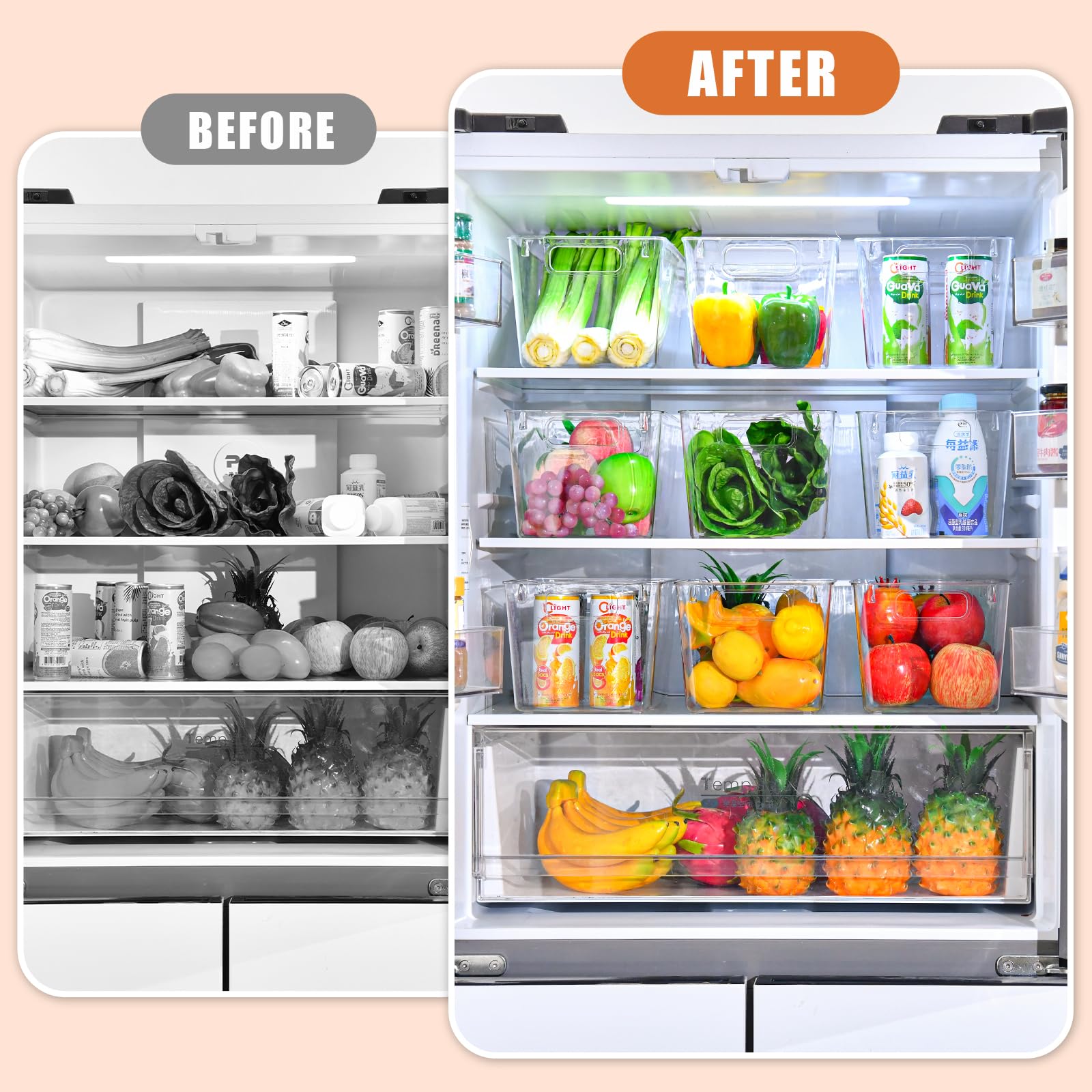 6 Pack Organizers And Storage, Pantry Organization And Storage Bins, Cabinet Organizer, Clear Plastic Storage Containers With Ha