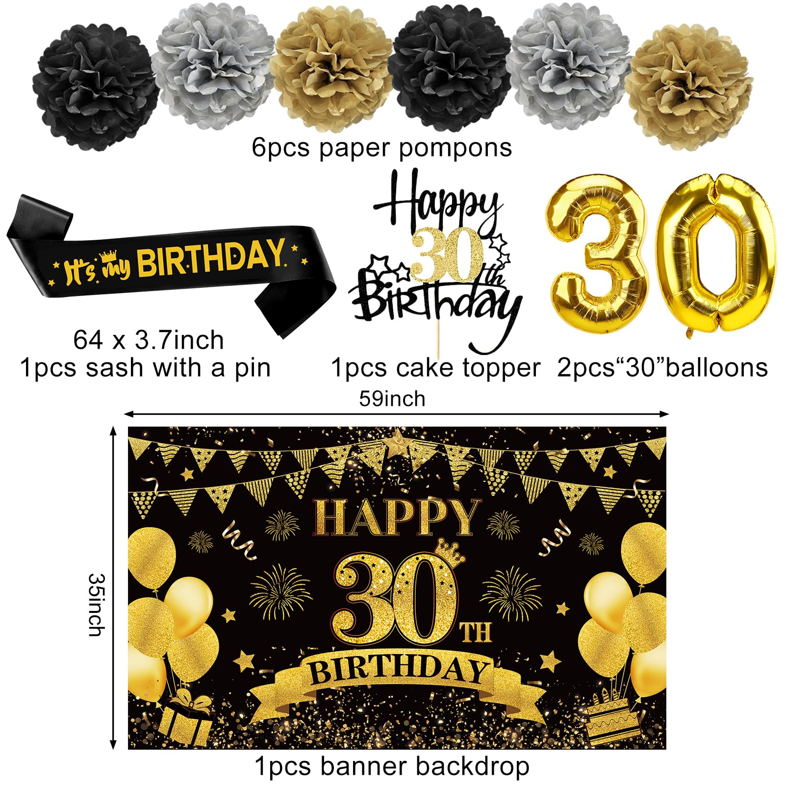 Eucutur 42Pcs 30Th Birthday Decoration Kit For Men Women, Black Gold Happy 30Th Bday Banner Balloons Honeycomb Centerpiece Swirl