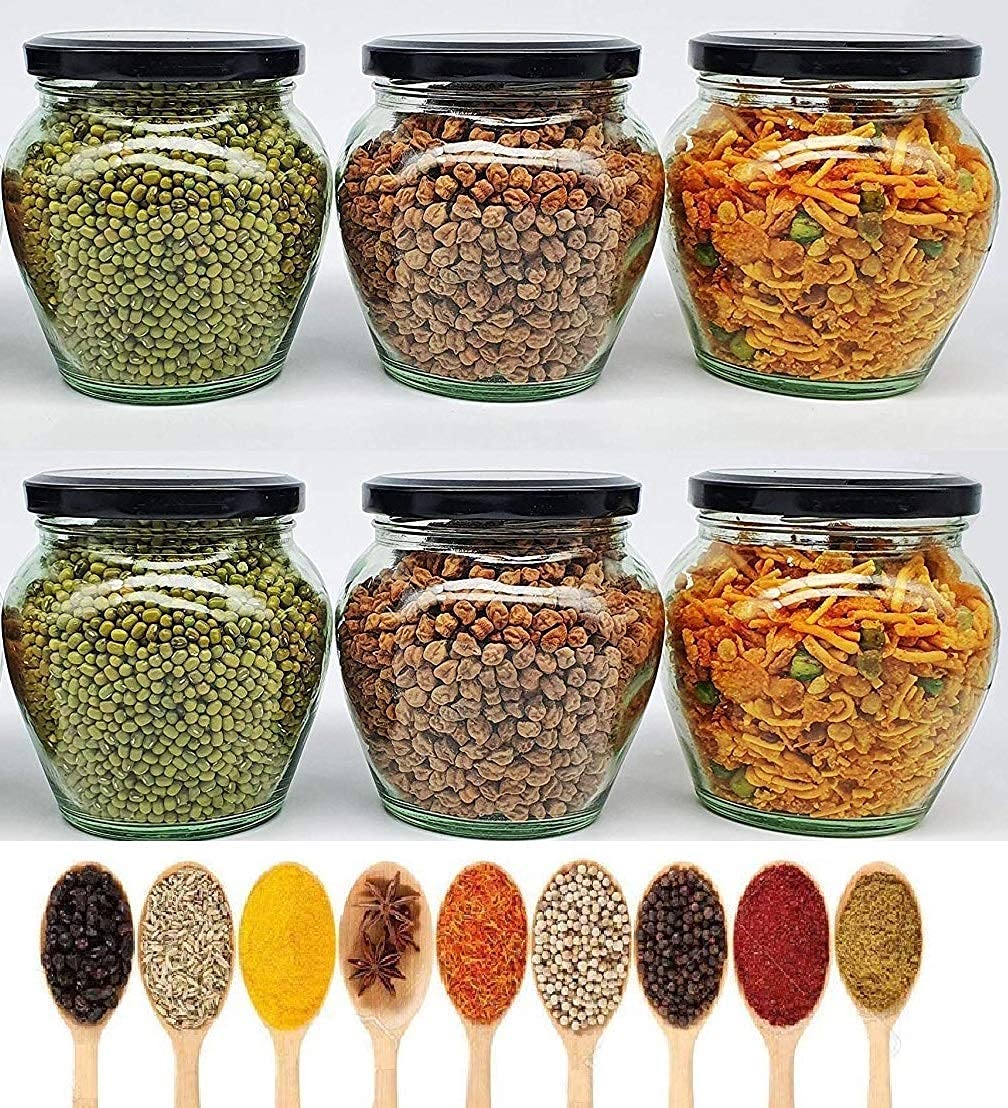 Mantra Ceration Matka Glass Jar With Air Tight Black Metal Cap, 400Ml, Set Of 6 (Black)