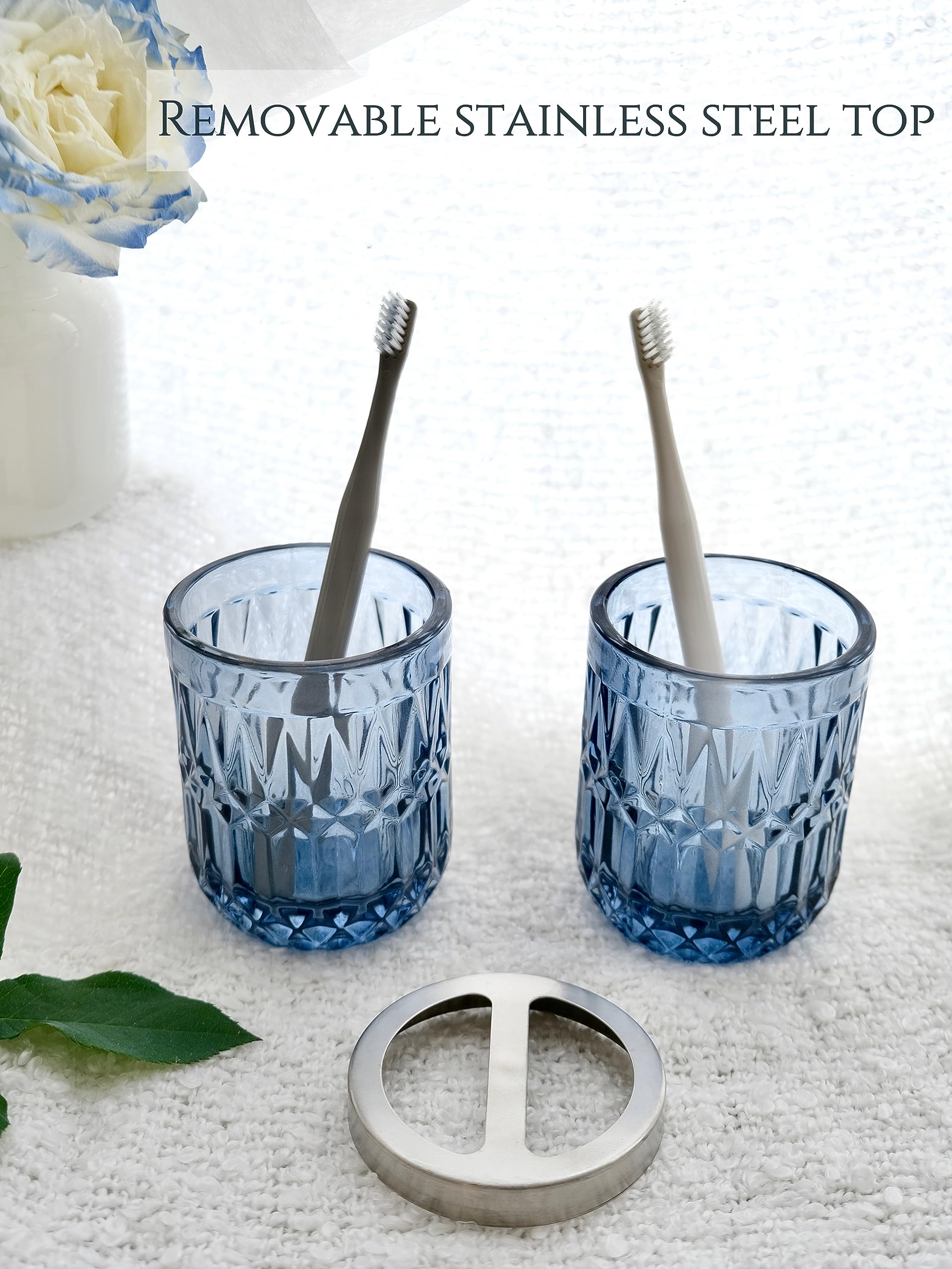 LaMarriti 5Pcs Blue Glass Bathroom Accessory Complete Set  Lotion Dispenser  Soap Dish  Tumbler  Cotton Swab Jars  Toothbrush Holder Set  Modern Bathroom Decor and Gift Set  Blue