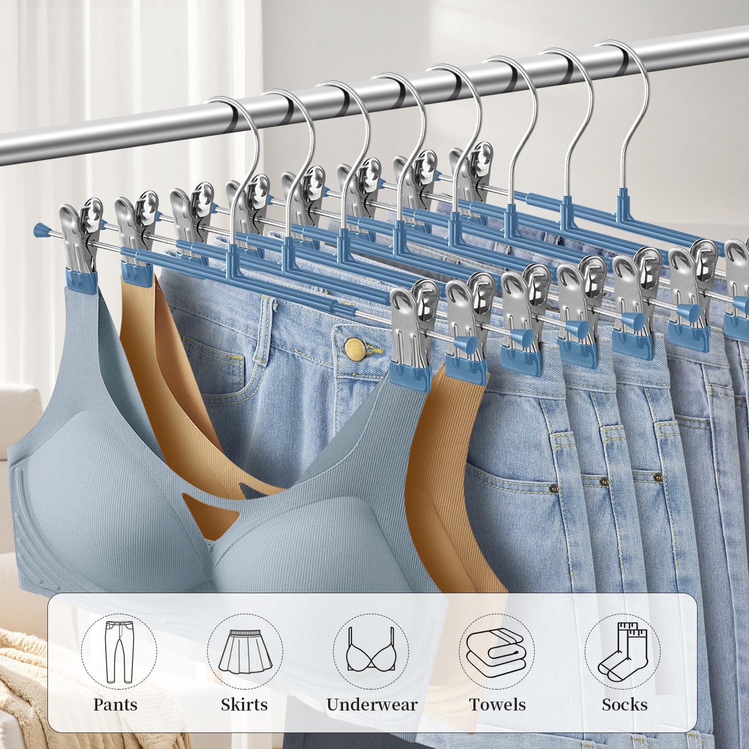 Hwajan 14Inch Blue Pants Hangers With Clips 20 Pack Adjustable Skirt Hangers For Women Non-Slip Trousers Hanger For Jeans Clothe