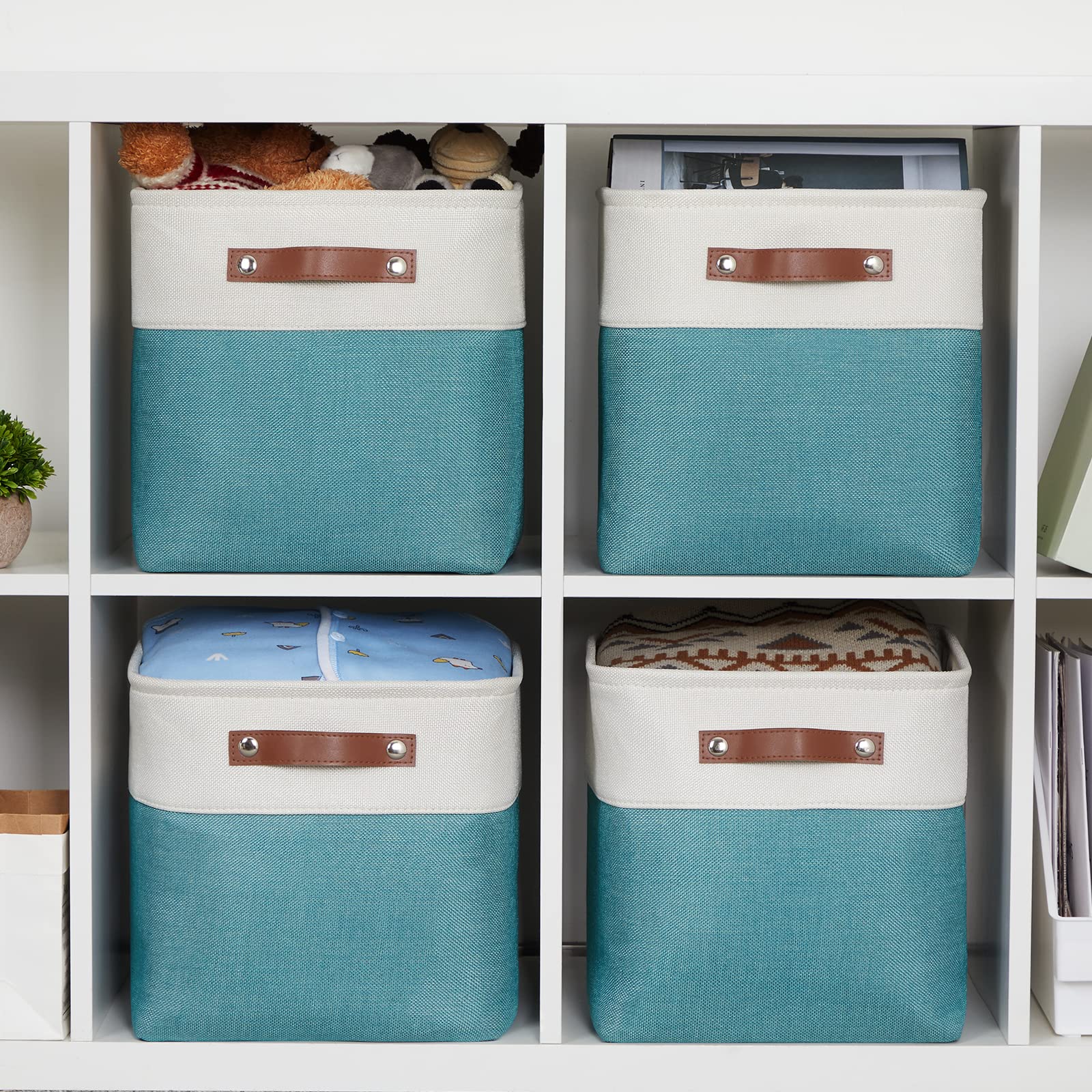 HNZIGE Cube Storage Basket(4 Pack ) Collapsible Baskets for Shelves Dog Toys Book 12x12 Fabric Storage Cube Bins Set for Room Office Closet(White&Teal)