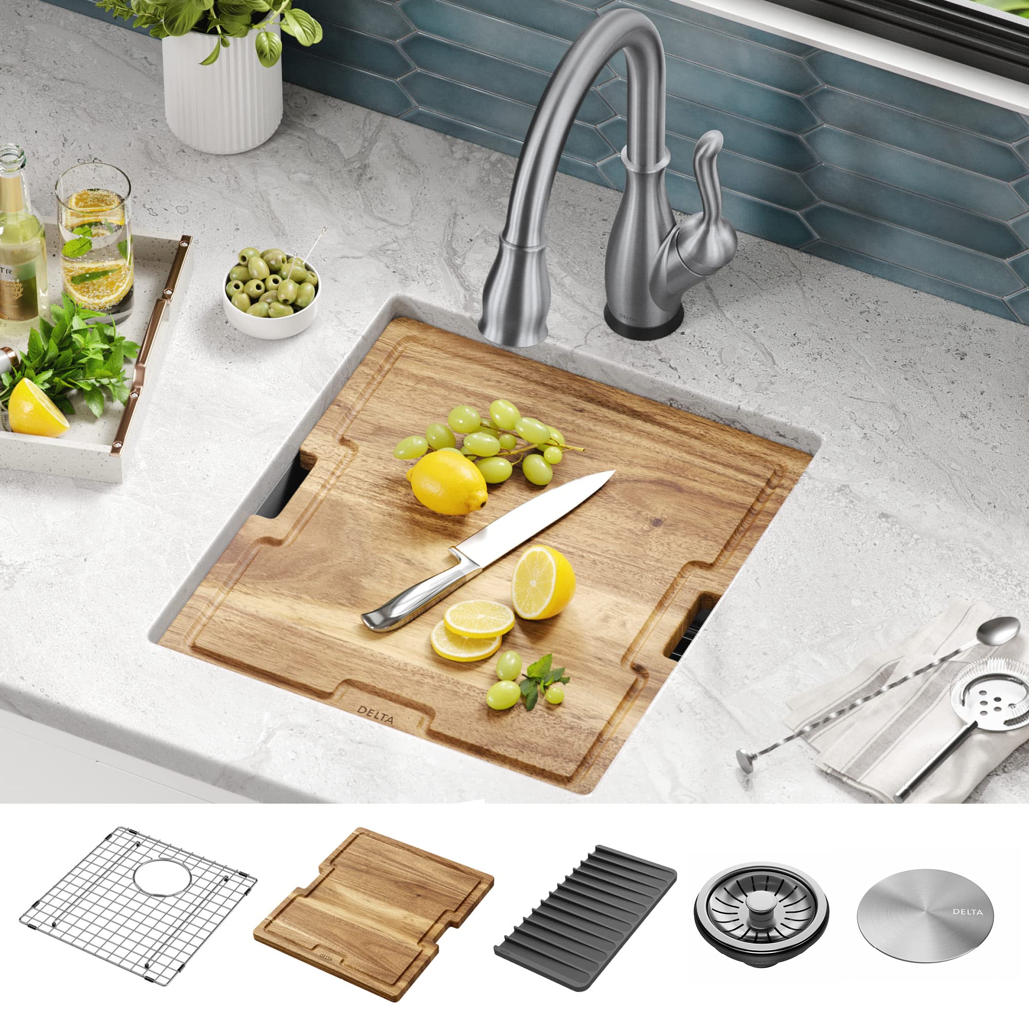 DELTA FAUCET 95B9032-17S-SS Lorelai Workstation Bar Prep Kitchen Sink Undermount 16 Gauge Stainless Steel Single Bowl with WorkF