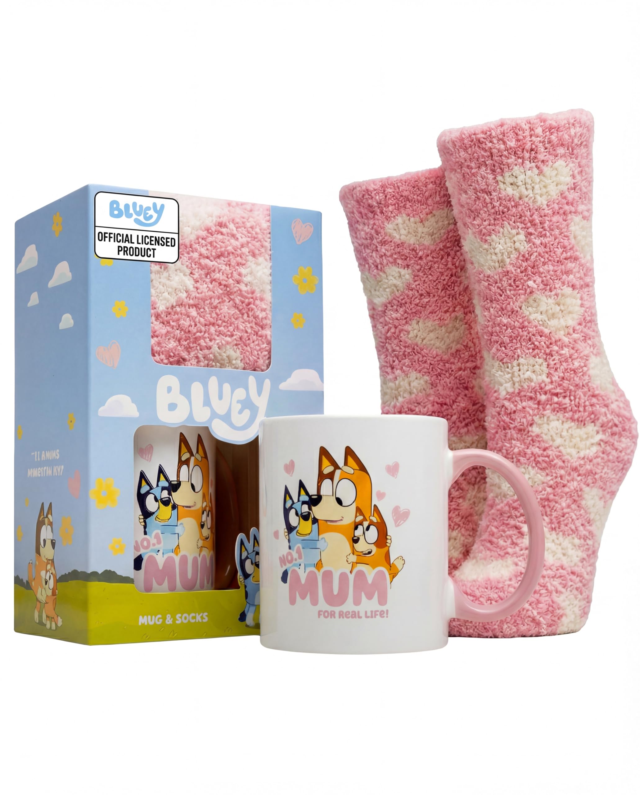Bluey Mug and Socks Gift Set -  No 1 Mum Mothers Day Mugs for Mum with Hearts Pink Fluffy Socks - Bluey Gifts - Cosy Novelty P