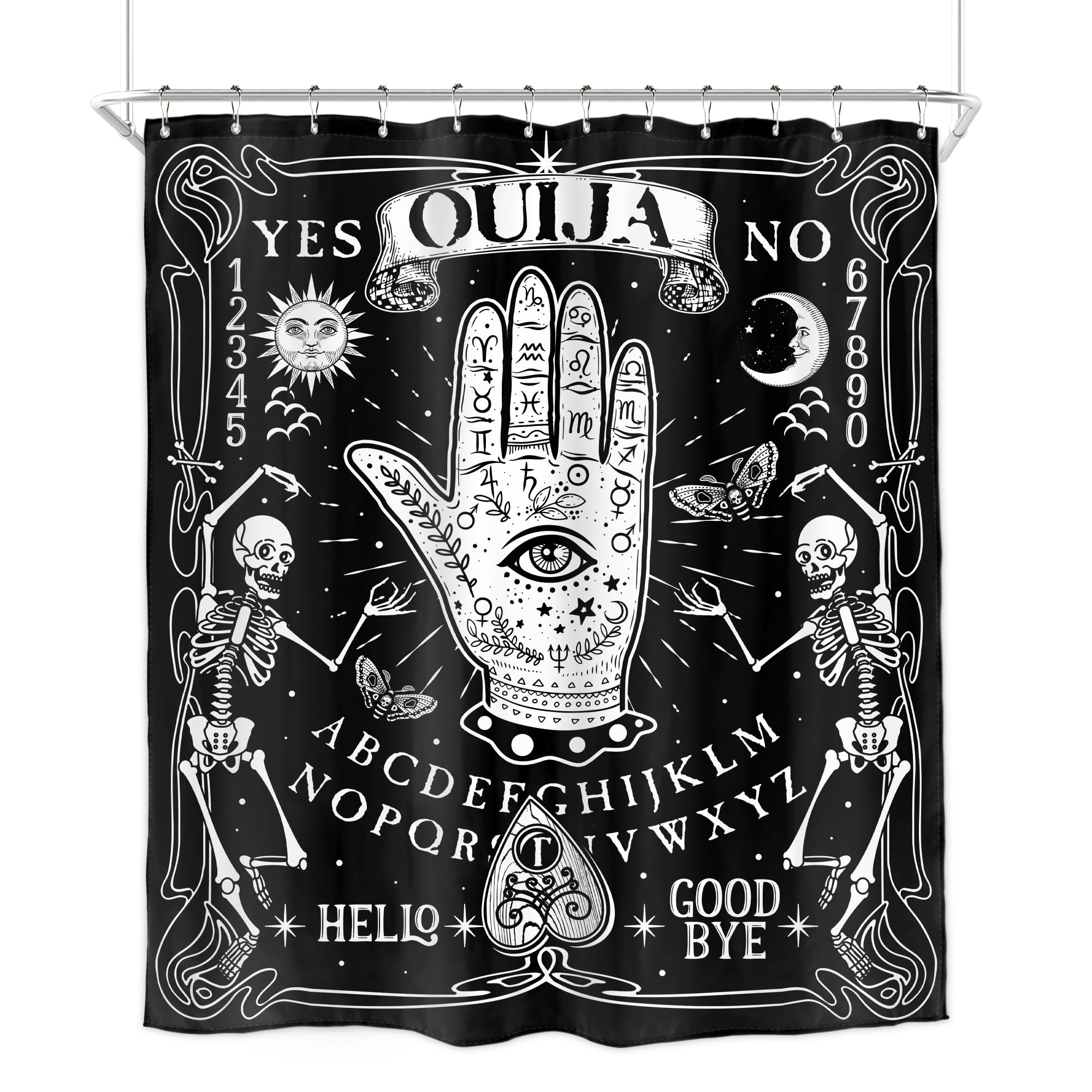 Homewelle Gothic Hands Shower Curtain Black Skeleton Witchy Eye Moth Tarot Ouija Palmistry Psychic Sun Moon Spooky 60Wx72H Inch