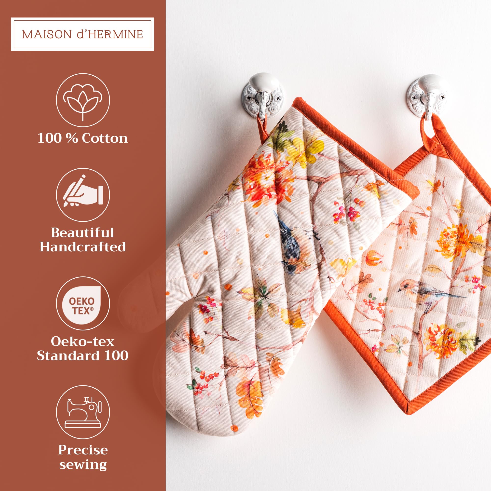 Maison d' Hermine Oven Mitt + Pot Holder 100% Cotton Kitchen Oven Mitt (7.5''x13'') & Pot Holder (8''x8'') for Gifts  Chef  Cooking  Baking  Grilling  Kelim - Prairie - Thanksgiving/Christmas