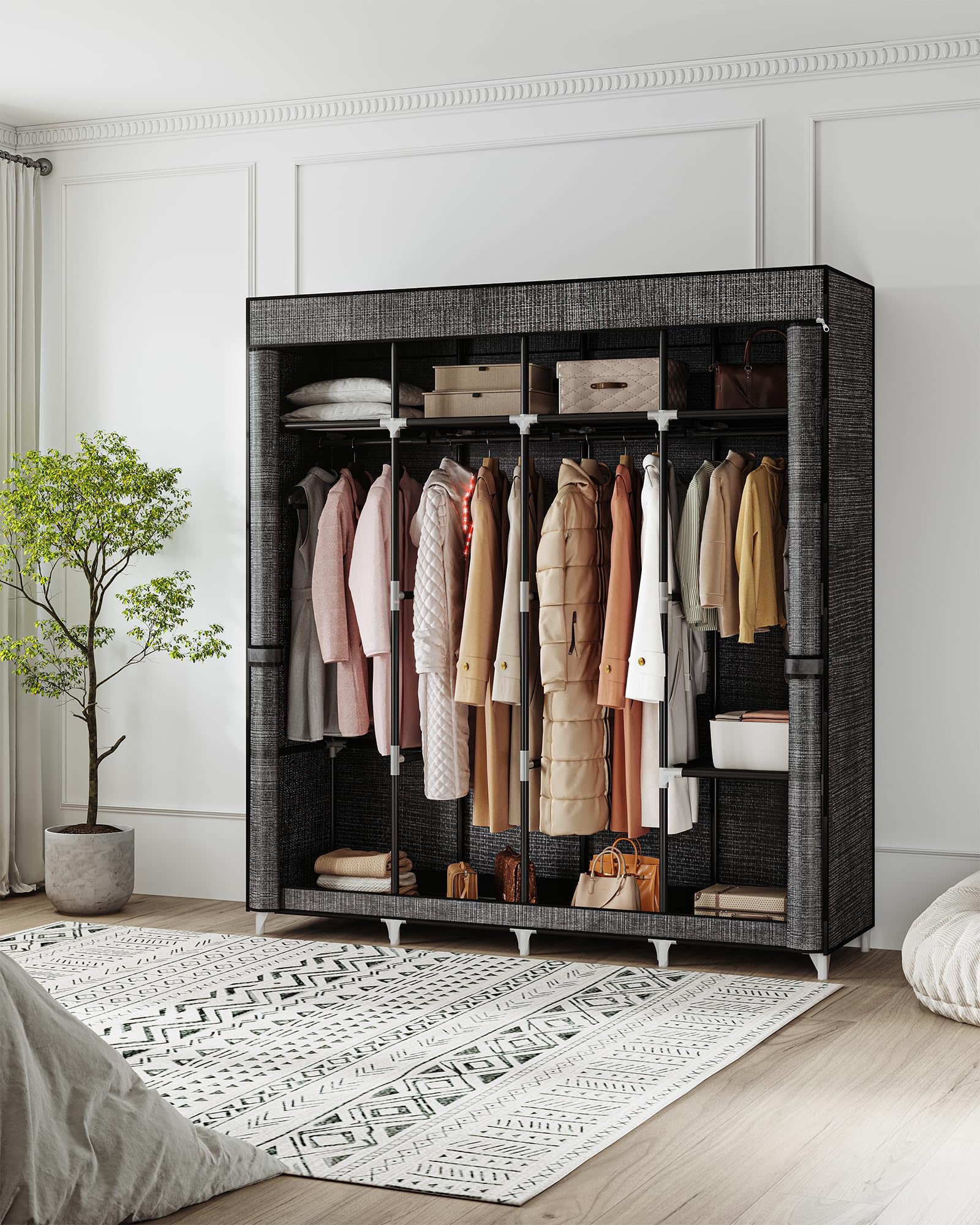 Hzuaneri 67 Inch Closet Wardrobe, Clothes Storage Organizer For Hanging Clothes With Cover, 4 Hanging Rods, 9 Storage Shelves, P