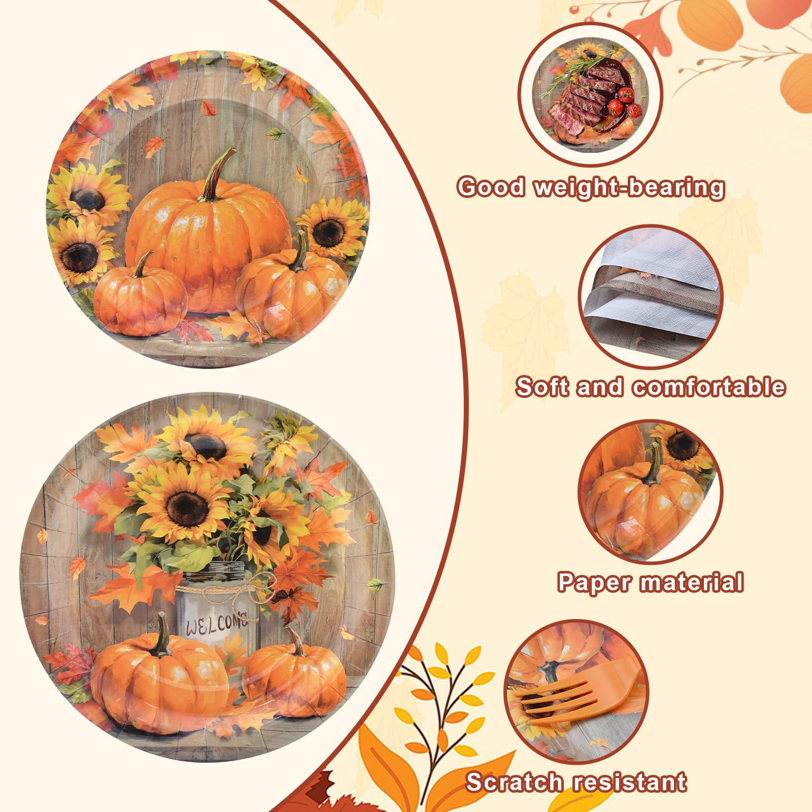 96 Pieces Thanksgiving Tableware Set - Rustic Pumpkin and Sunflower Disposable Dinnerware with Paper Plates, Napkins, and Forks