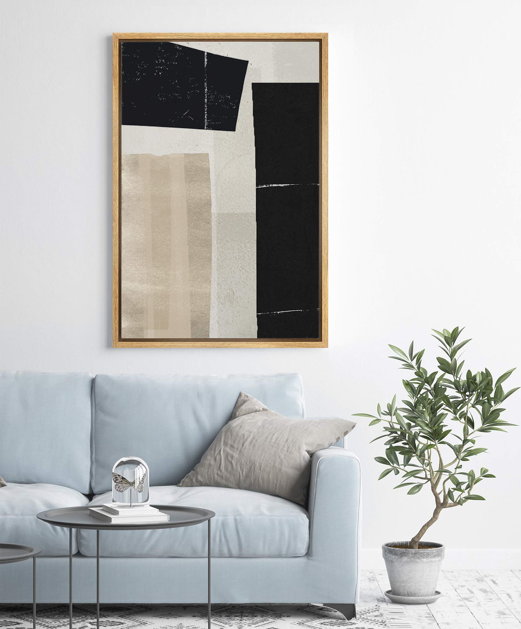 Idea4Wall Framed Canvas Print Wall Art Black, White & Beige Color Blocks Abstract Shapes Illustrations Modern Art Minimalist Mul