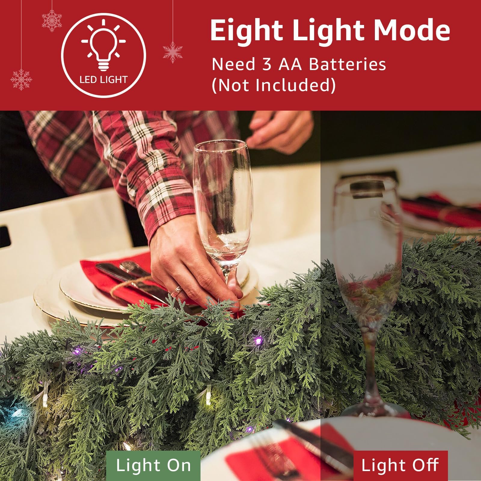 Cedar Christmas Garland with Lights for Mantle - 2 pack Decorations 6 ft Realistic Lighted Faux Pine Garlands for Xmas Home Deco