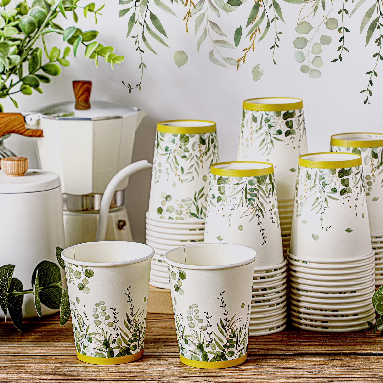 64 Pcs Eucalyptus Cups Greenery Paper Cup 9 Oz Disposable Coffee Paper Cups For Sage Green Party Decorations Bridal Shower Paper