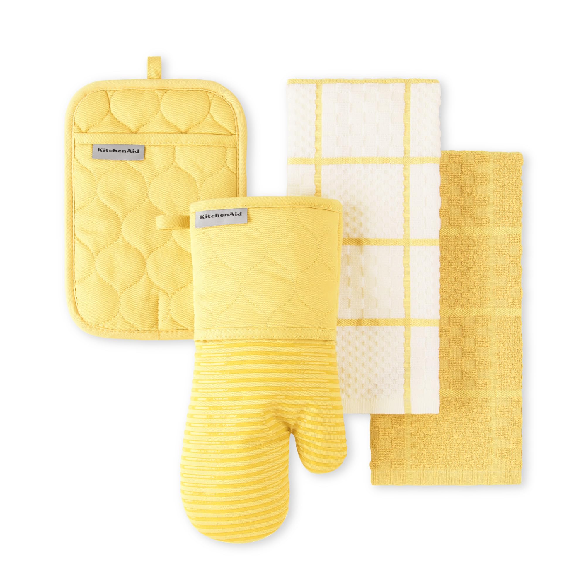 KITCHENAID Quilted Cotton Terry Cloth Oven Mitt, Pot Holder, Kitchen Towel 4-Pack Set, Heat Resistant, Silicone Grip, 16x26, 7x1