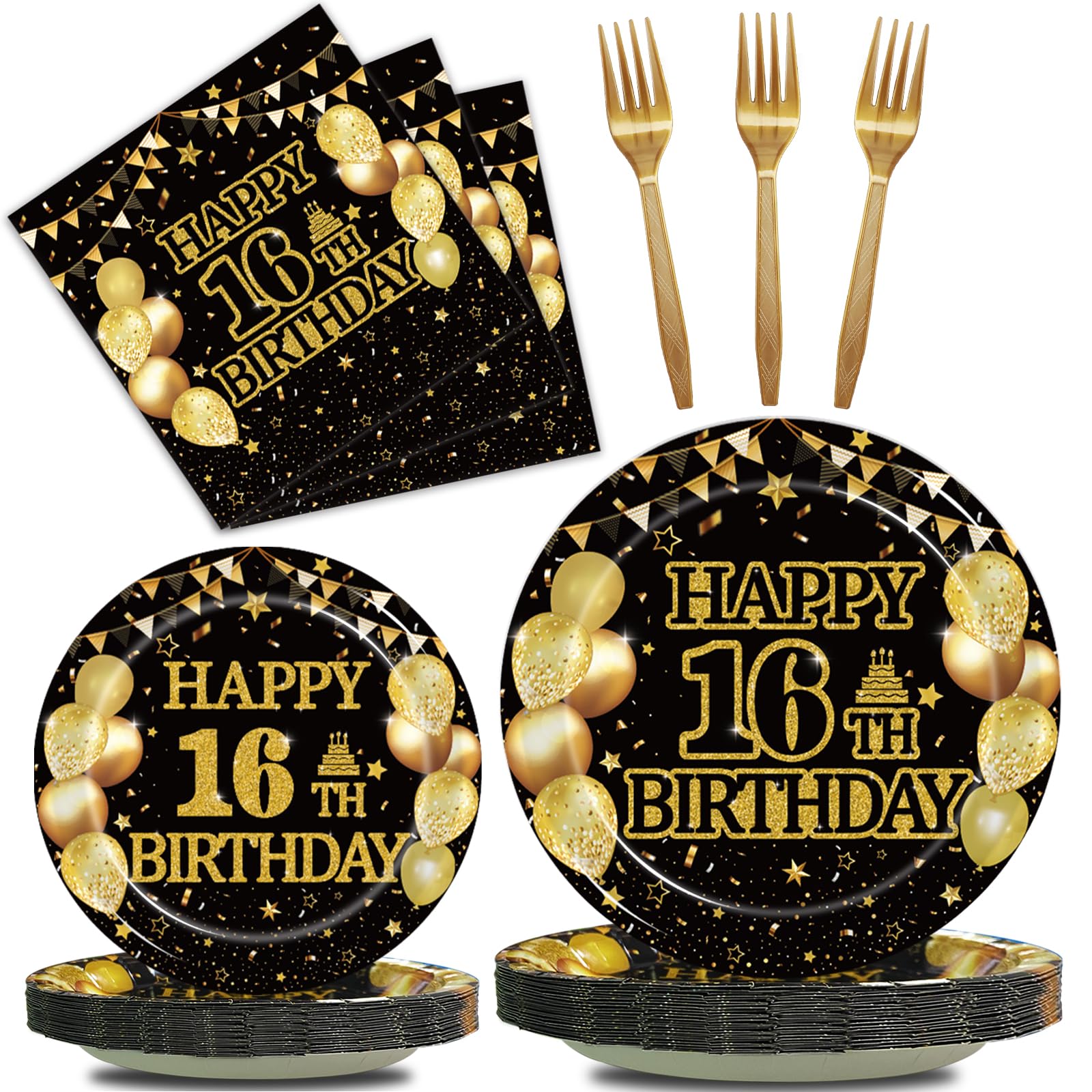 96Pcs 16Th Birthday Party Tableware Set, Black Gold Cheers To 16 Years Party Decorations Supplies 16 Years Old Birthday Party De