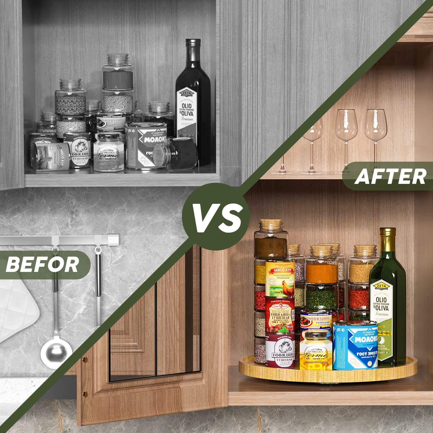 Lazy Susan Organizer, 13.2 Inch Non-Skid Bamboo Lazy Susan For Kitchen Table Cabinets Closets And Kitchen Islands, Wood Turntabl