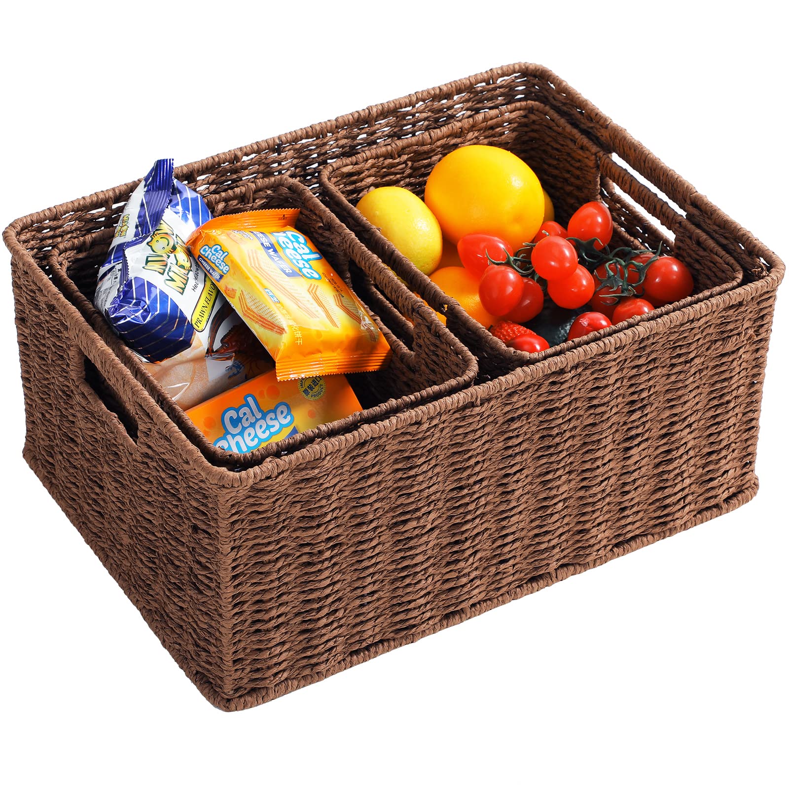 Hoonex Large Woven Baskets For Storage, Paper Rope Baskets With Sturdy Metal Wire Frame, Baskets For Shelves, Set Of 3, Dark Bro