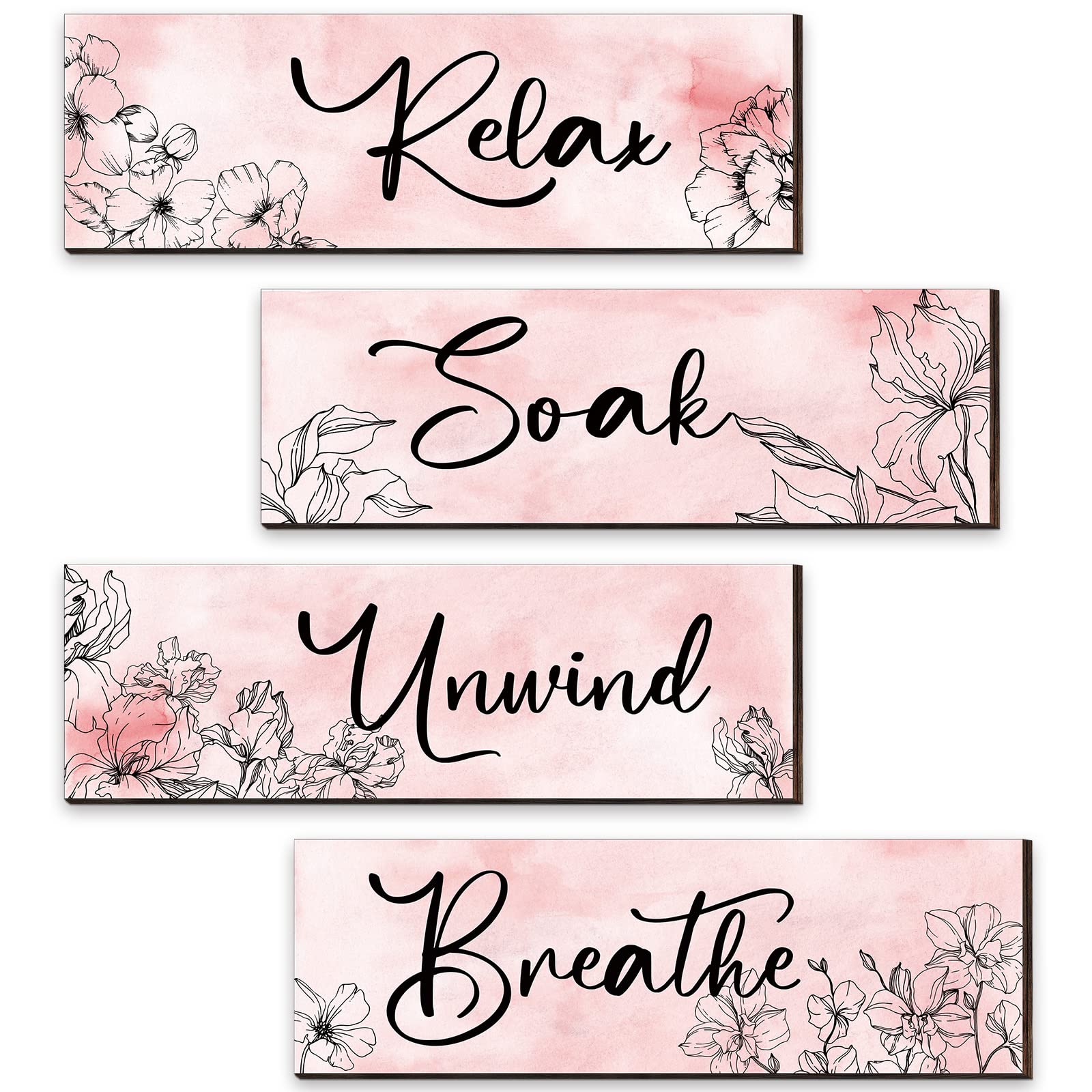Yookeer 4 Pcs Pink Wall Decor Sign Floral Bathroom Decor Wooden Relax Soak Unwind Breathe Positive Hanging Wall Art Farmhouse Ba