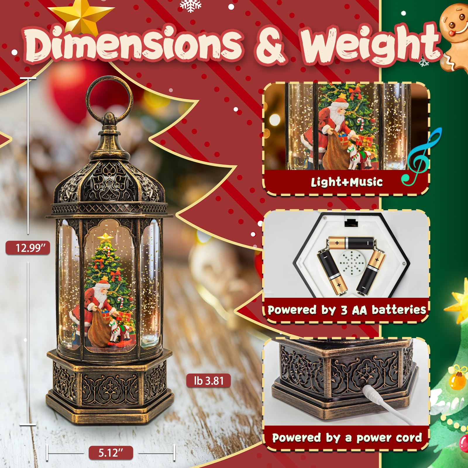 Christmas Snow Globes Lantern, Santa Claus & Gift Piles Christmas Decorations Indoor, 6H Timer Battery & USB Powered Light Up Mu