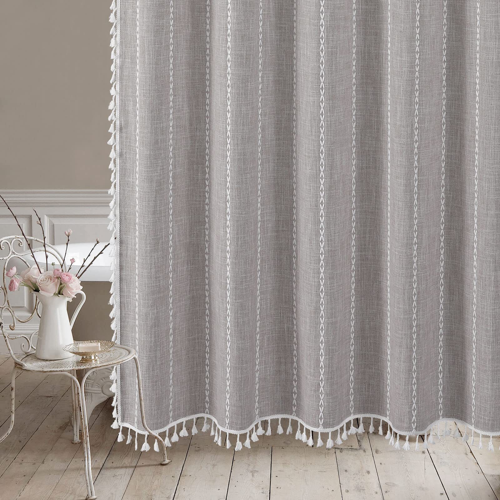 Mitovilla Boho Extra Long Shower Curtain 72 X 84, 84 Inch Xl Cotton Linen Tassel Fabric Shower Curtains For Vintage Country Farm