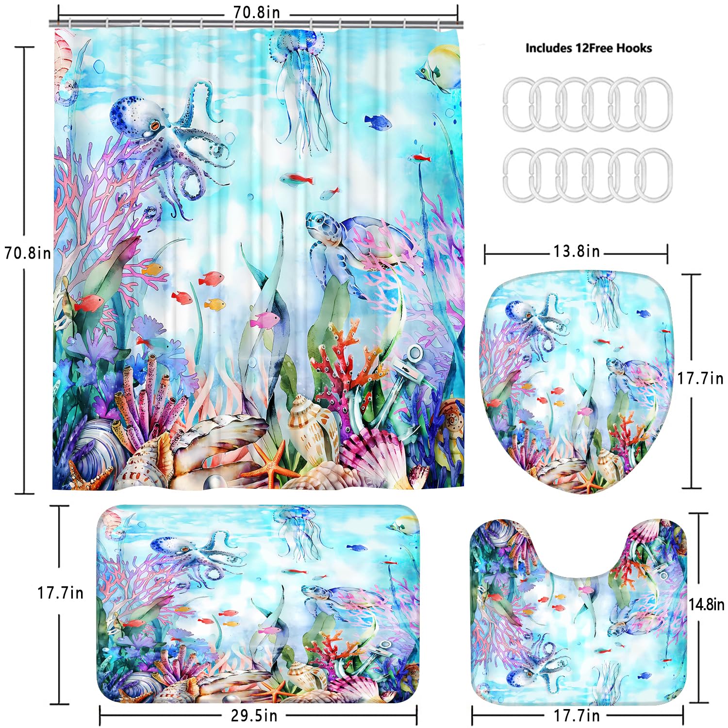 Pretyw 4-Piece Blue Ocean Seaworld Shower Curtain Set Marine Life Bathroom Set With Shower Curtain And Rugs, Octopus Turtle Cora