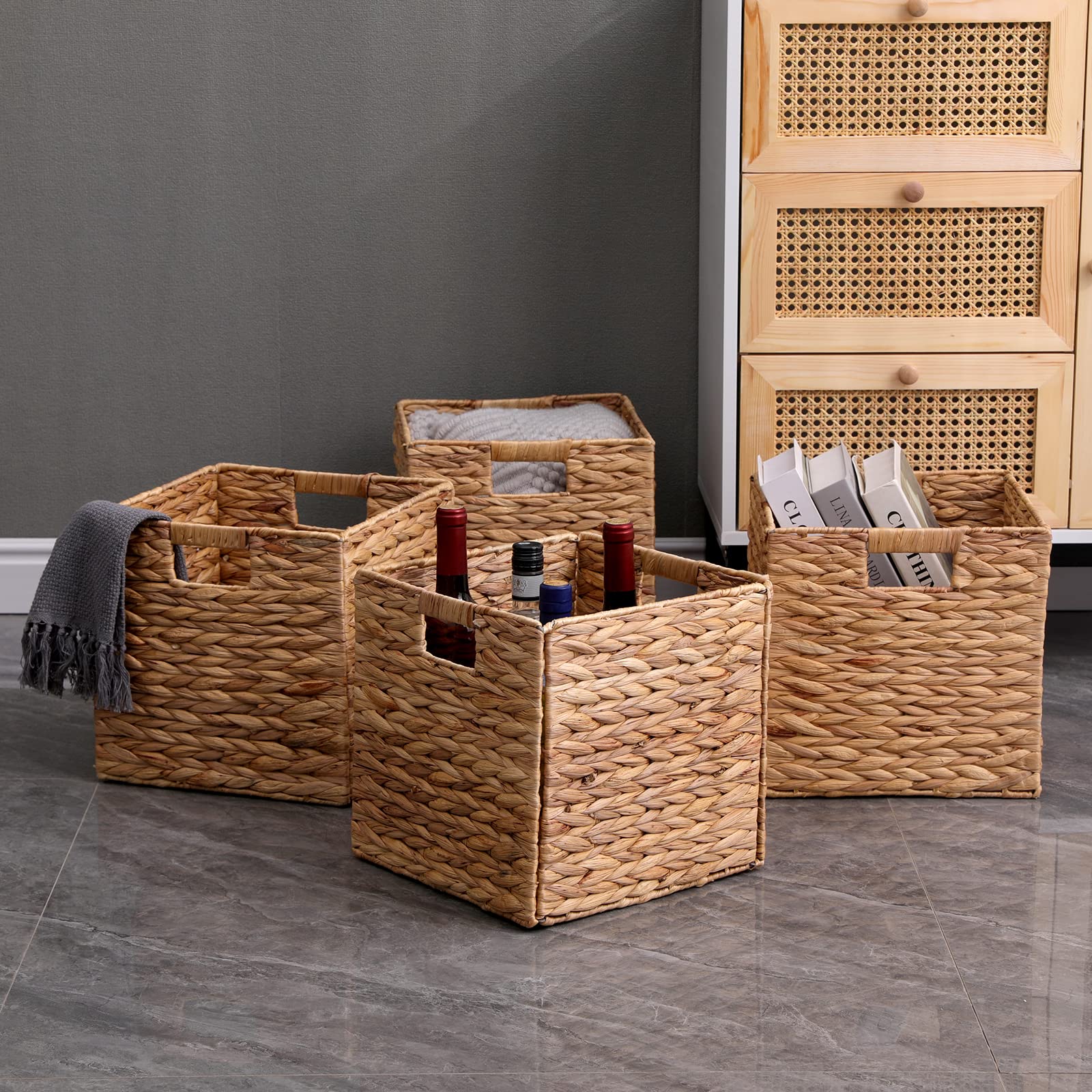 Jgjcyo9 Storage Baskets Wicker Cube Baskets Foldable Handwoven Water Hyacinth Laundry Organizer,Set Of 4 Pcs Baskets-11X11X11Inc