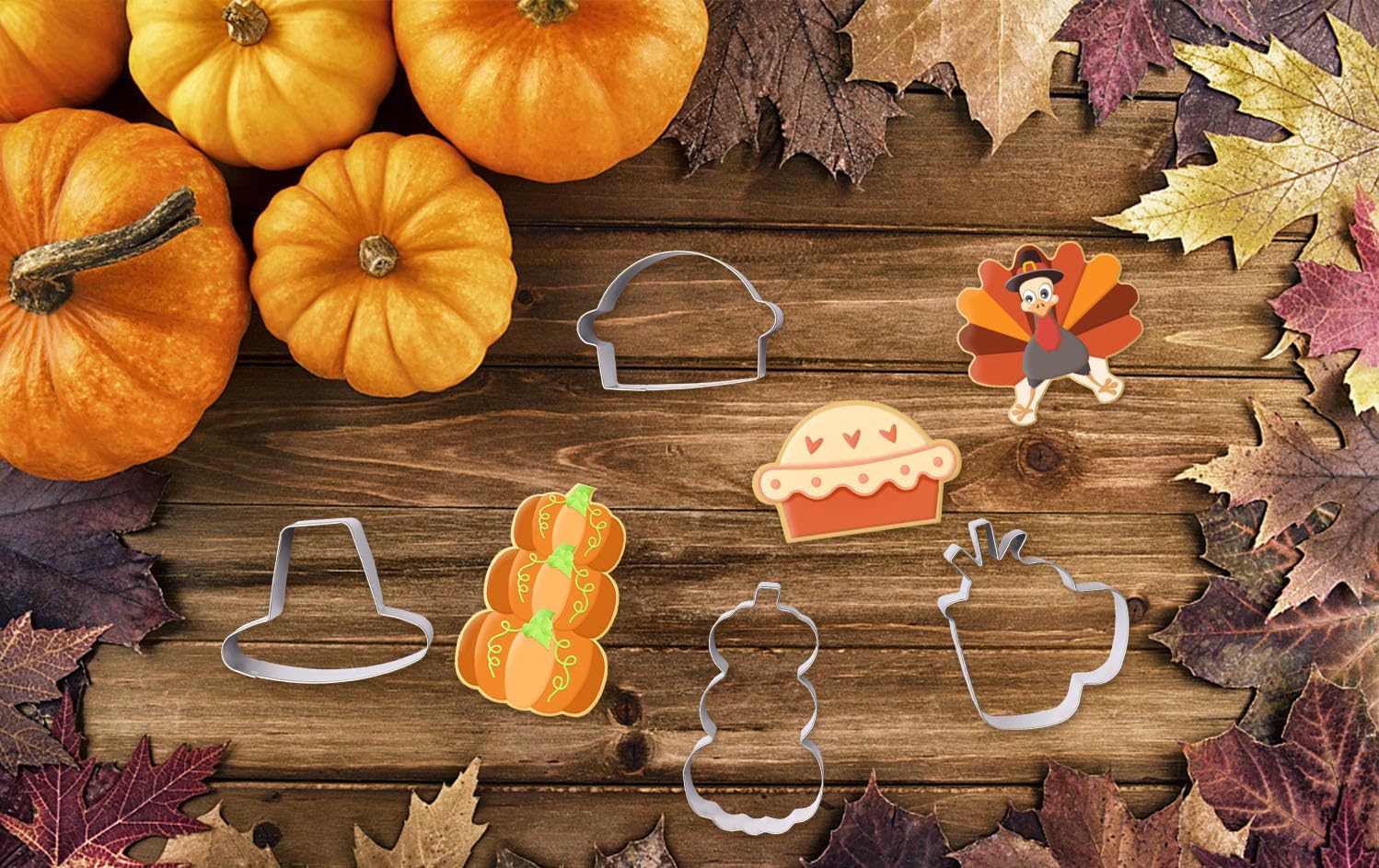 Fall Thanksgiving Cookie Cutter Set, 6Pcs Stainless Steel Autumn Biscuit Cutters Pumpkin Maple Leaf Hat Coffee Cup Pie Turkey Sh