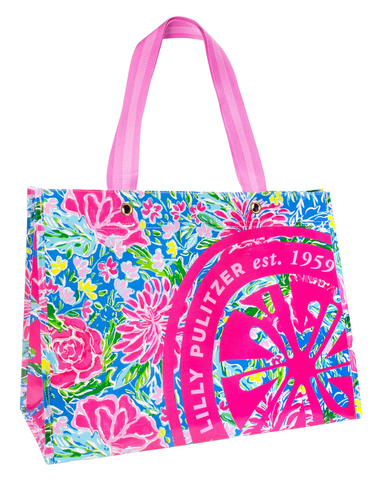 Lilly Pulitzer Blue/Green Xl Market Shopper Bag, Oversize Reusable Grocery Tote With Comfortable Shoulder Straps, Aqua La Vista