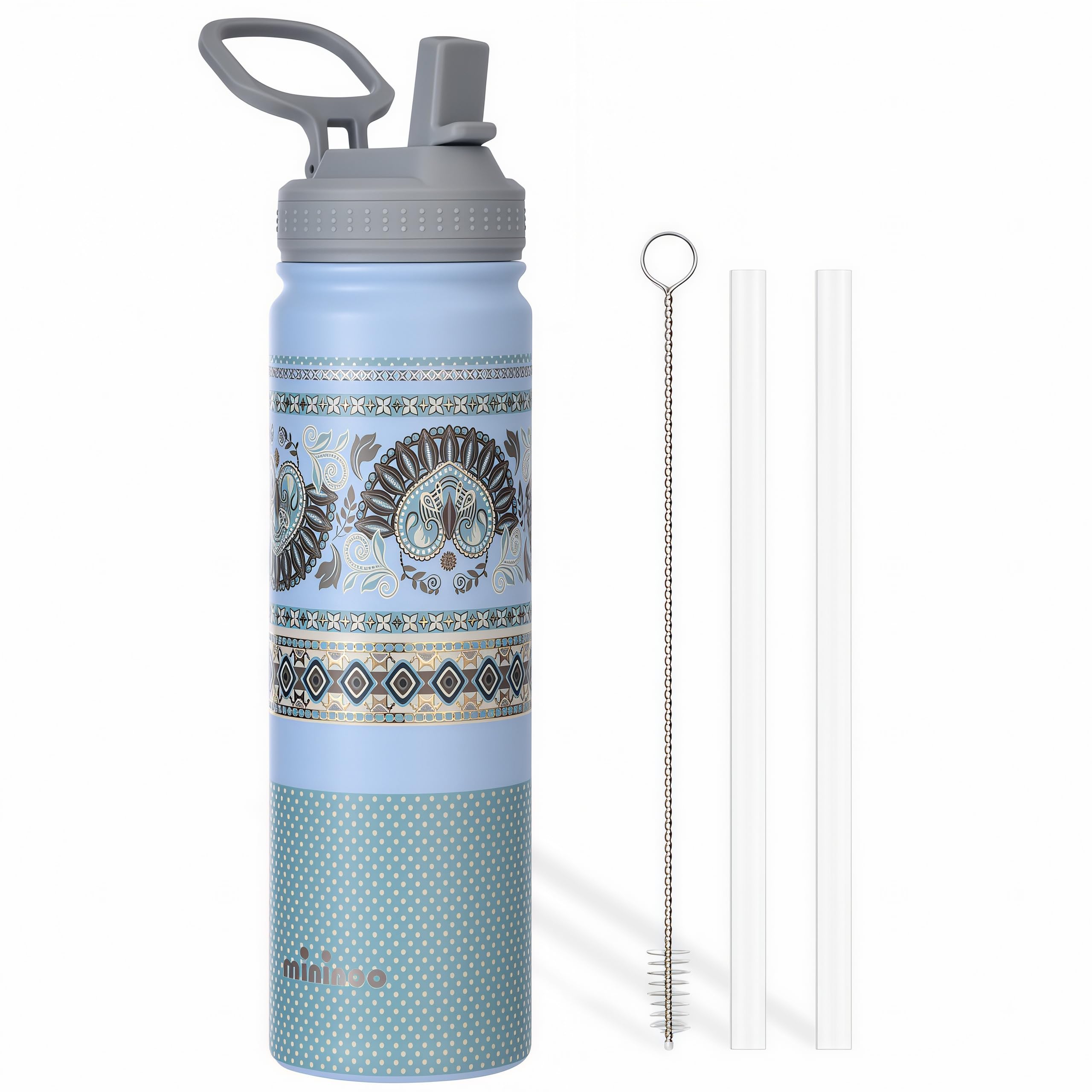 mininoo 24 oz Paisley Insulated Water Bottle with Straw Lid, Misty Blue