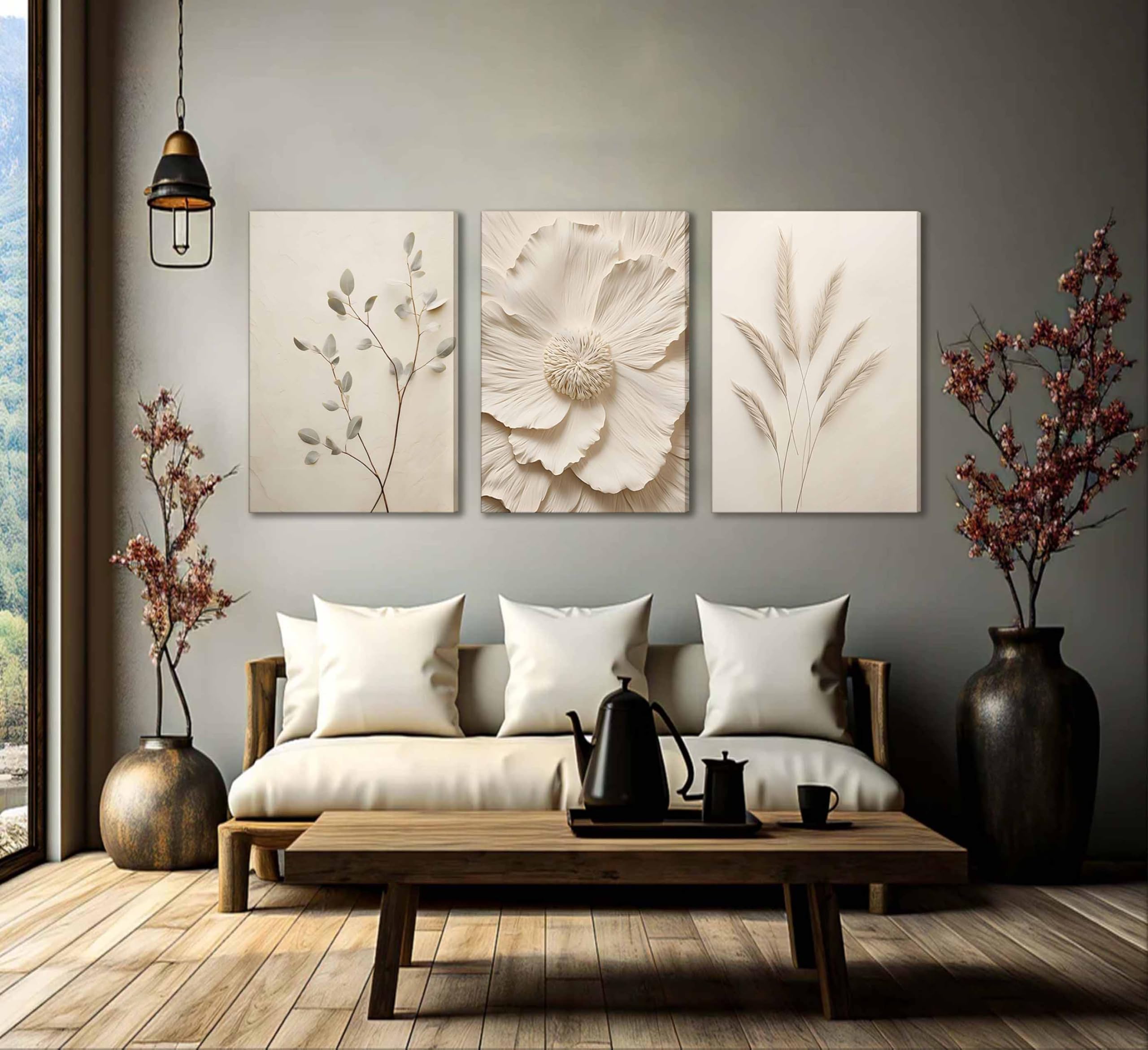 3Pcs Neutral Beige Floral Plant Canvas Wall Art Textured Flower Botanical Painting Picture Wall Decor Vintage Blossom Poster Pri