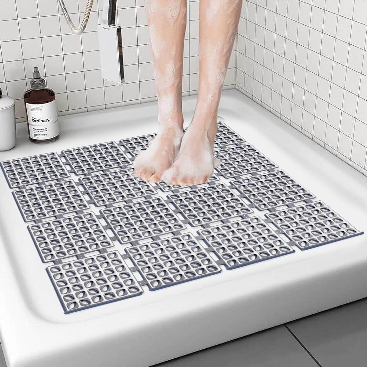 Shower Mat Non Slip,24''X24'' Bathtub Mat Non Slip Square Shower Mats For Inside Shower With Drain Holes Suction Cups, Quick Dra