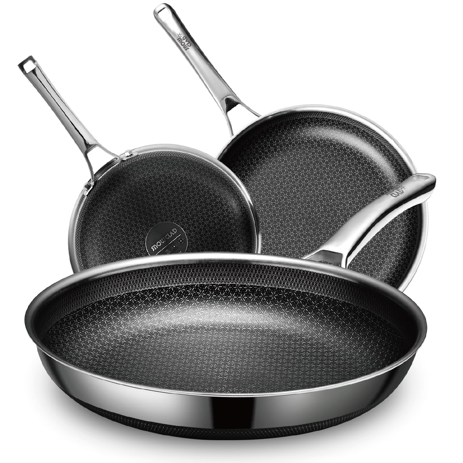 SNOWCLAD 3 Piece Hybrid Nonstick Pans Set, 8+10+12 Inch Nonstick Frying Pans Set, Stainless Steel Skillet, Dishwasher, Induction