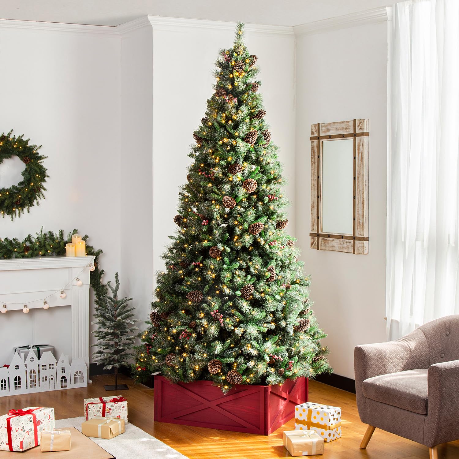 Glitzhome Christmas Tree Collar, Christmas Tree Collars for Artificial Trees, 32 L Red Wooden Tree Collar Tree Stand Cover Chris