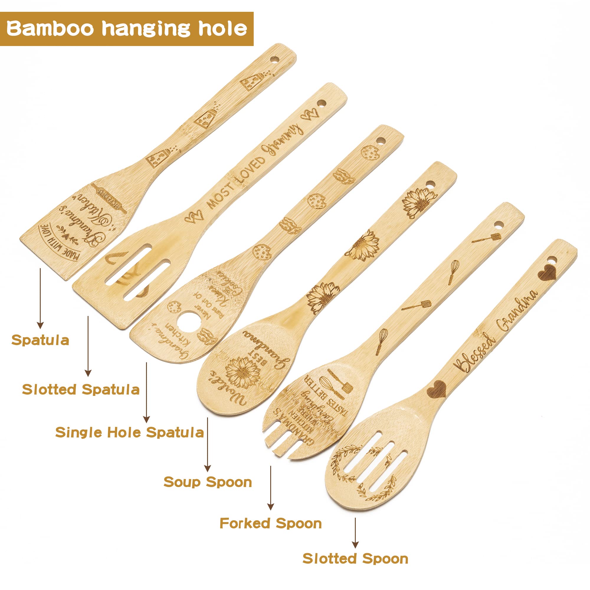 Haooryx 6Pcs Grandma Bamboo Spoons Utensils Set Best Grandma Cooking Utensils Non-Stick Spoons Burned Bamboo Cookware Kitchen Ga