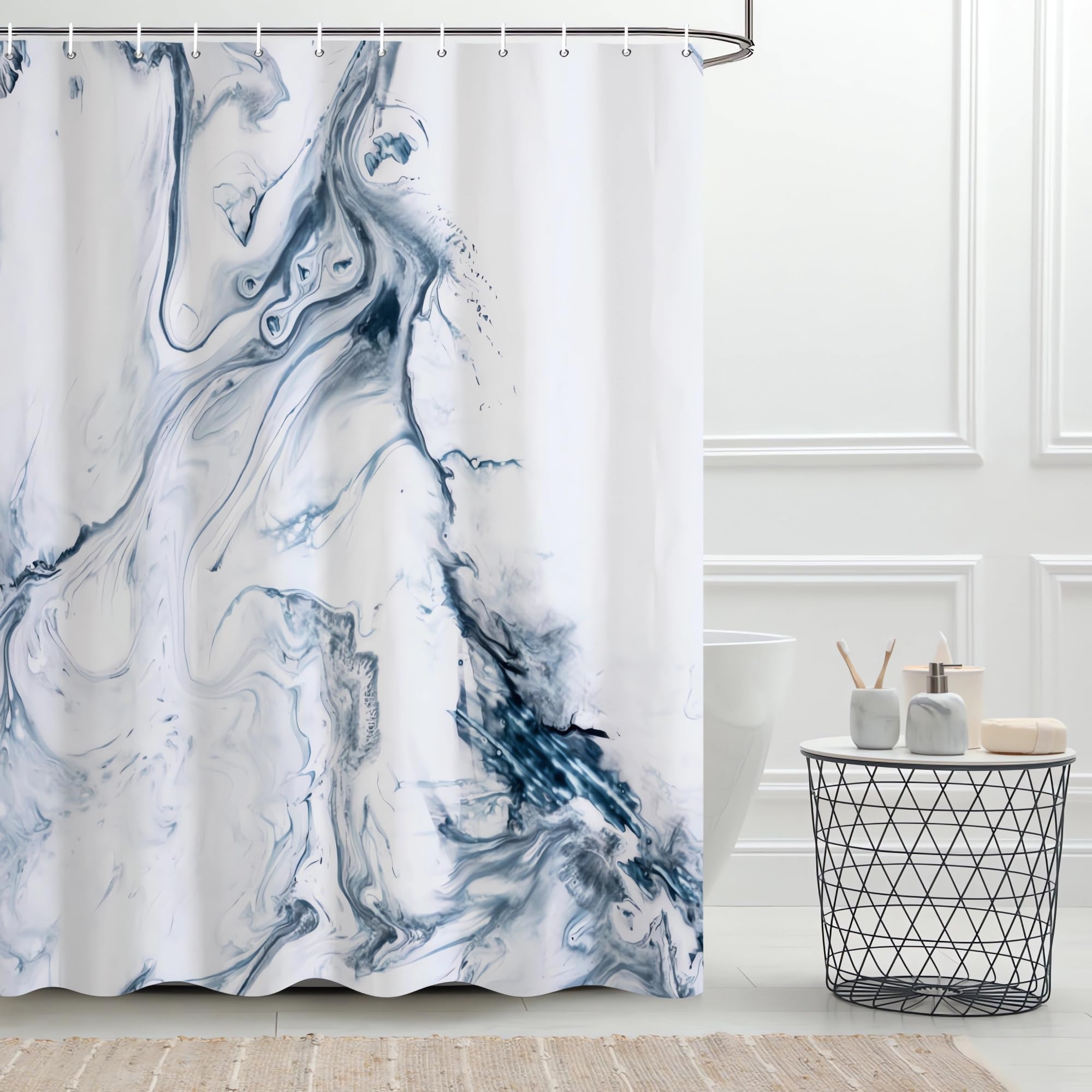 Ruelvth Blue Marble Shower Curtain, Modern Ombre Blue And White Shower Curtain Set With Hooks Aesthetic Waterproof Fabric Bathro