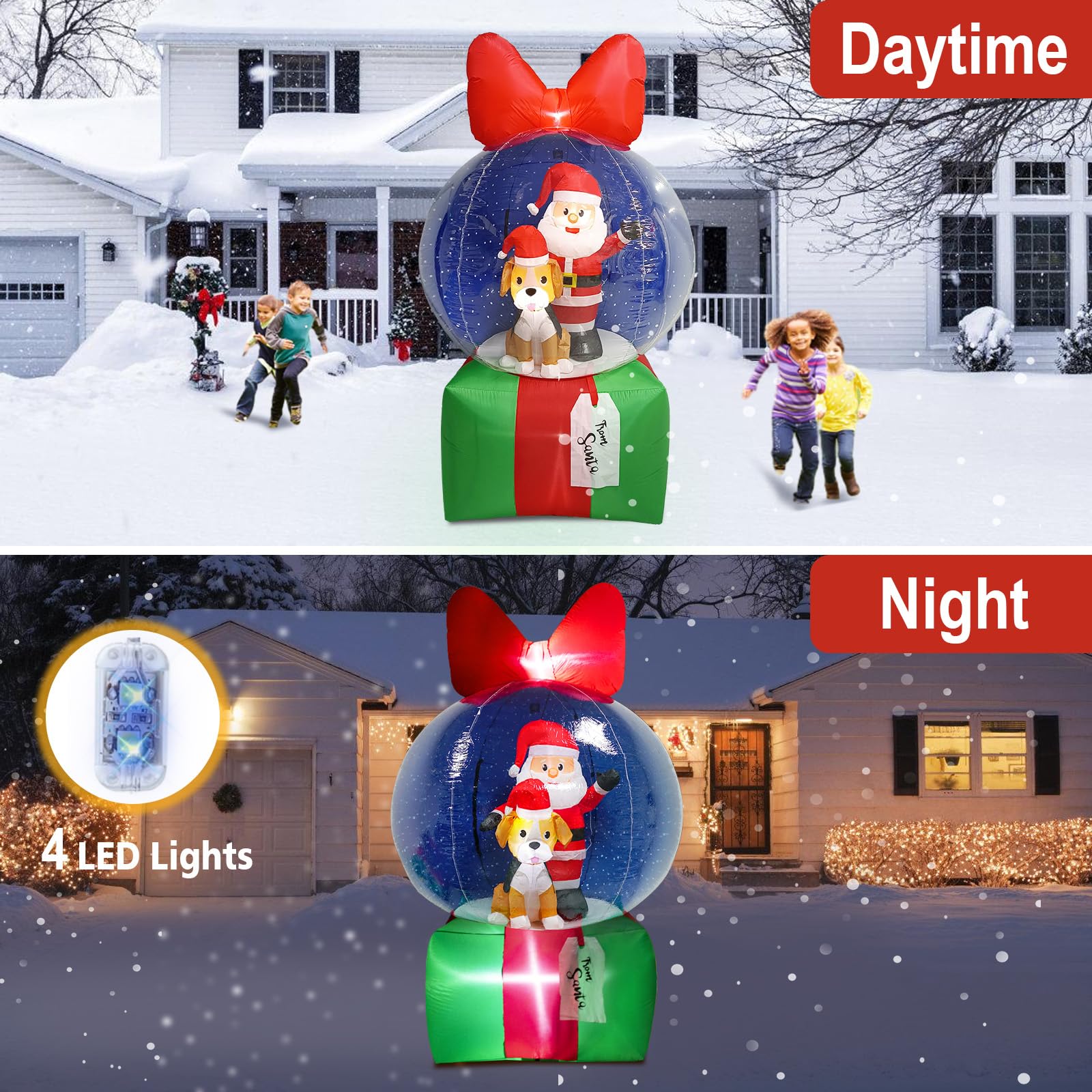 UniqSeason 8Ft Christmas Inflatable Snow Globe Decoration with Santa & Puppy in Xmas Snow Ball Blow Ups with Gifts Box Built-in