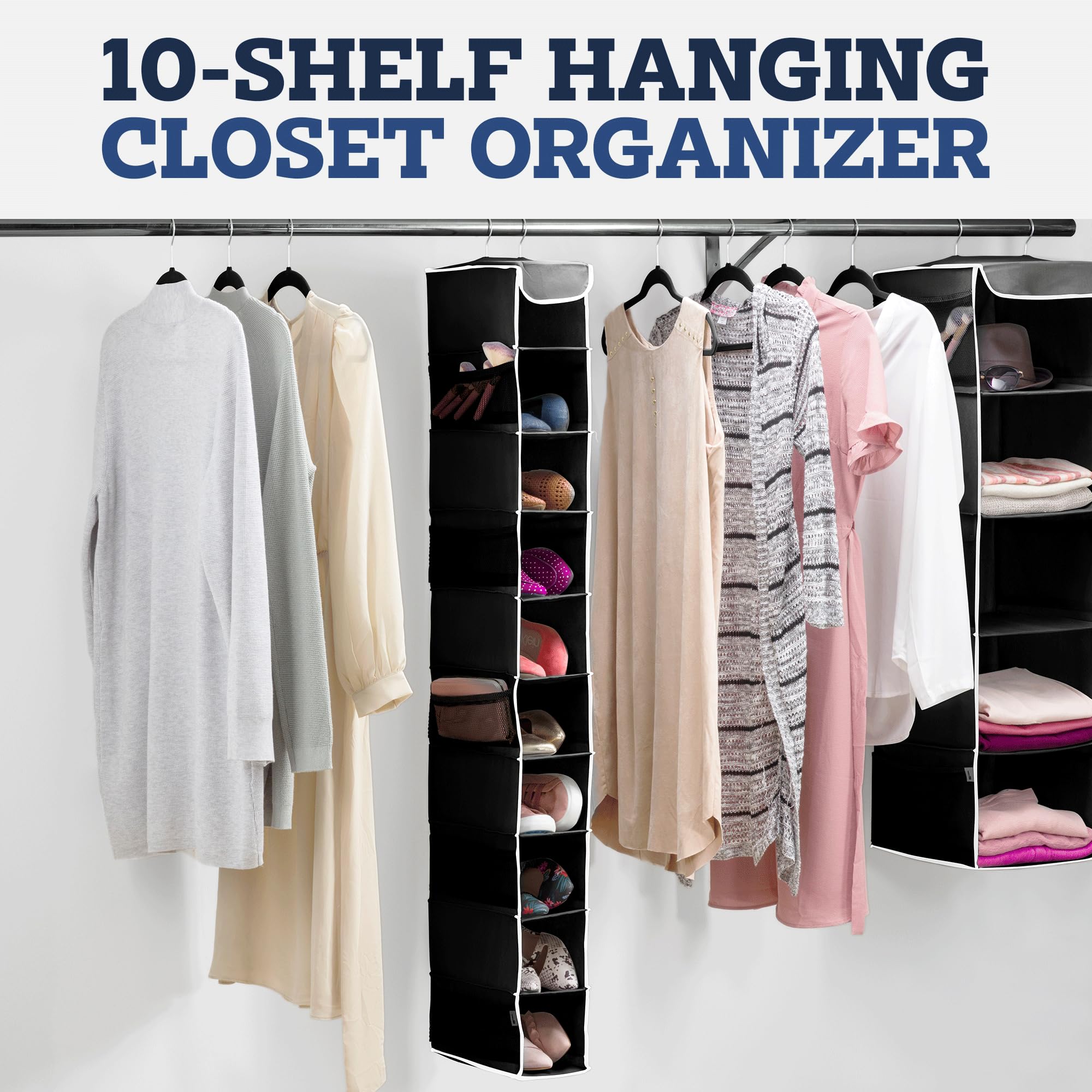 ZOBER Hanging Closet Organizer  10-Shelf - Hanging Storage Organizer Shelves for Clothes  Towels  Toys - College Dorm Room  Nursery  & Home Closet