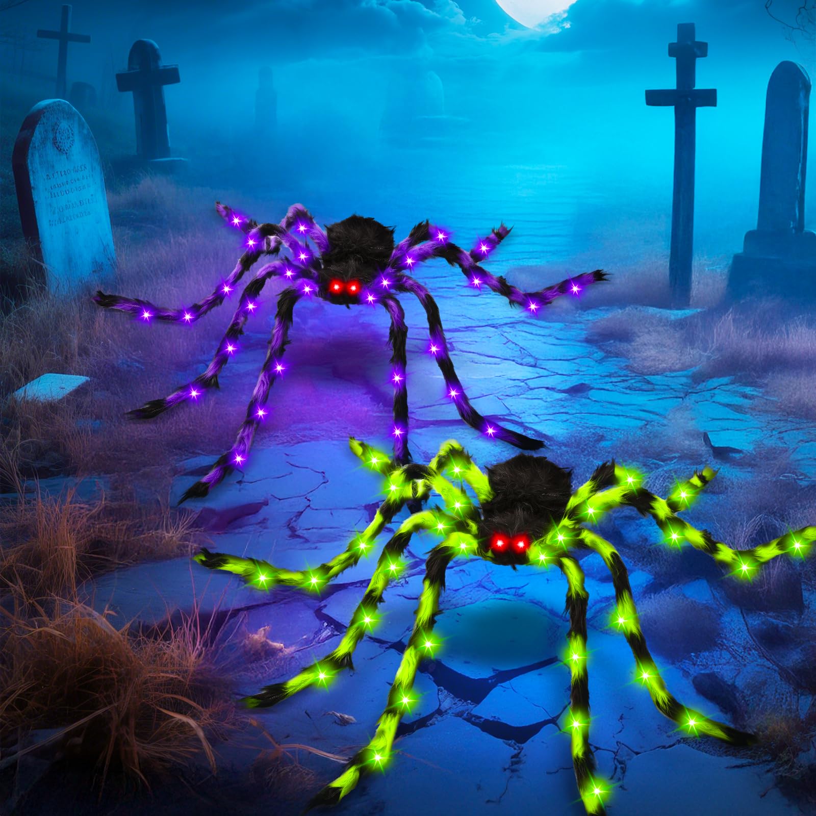 2 Pack 50 Halloween Light Up Spiders, Giant Hairy Spider Decorations with Green and Purple LED Lights Scary Indoor Outdoor Hallo