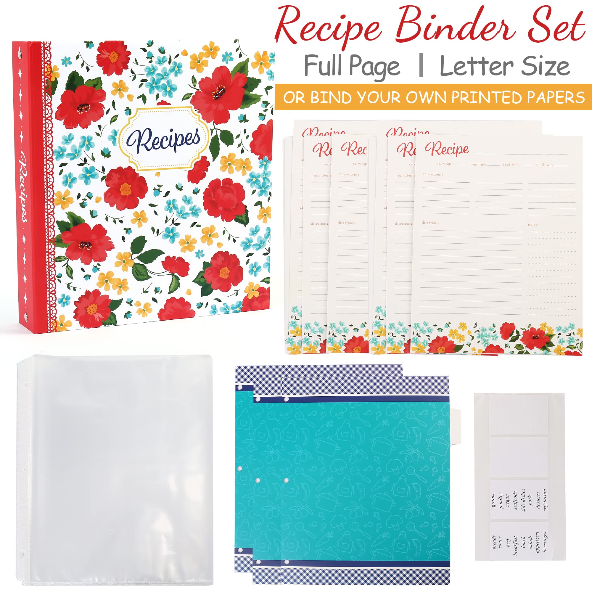 Lotfancy Recipe Binder 8.5X11, Full Page, 3 Ring, With 40 Recipe Cards, 60 Plastic Page Protectors, 6 Tabbed Dividers, 32 Labels