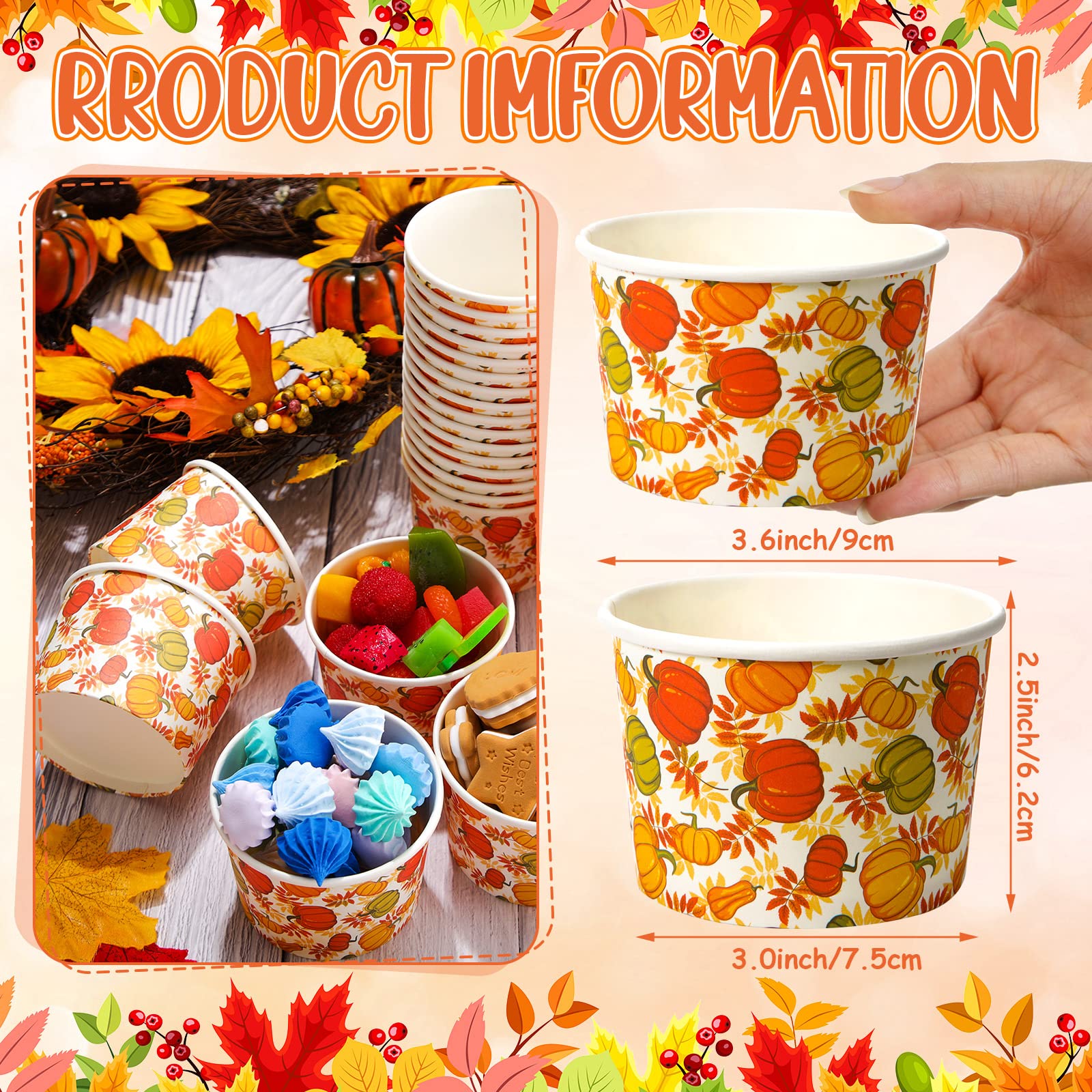 Potchen 50 Pack 9 oz Fall Soup Bowls Disposable Paper Cups Fall Themed Disposable Dessert Bowls Pumpkin Paper Snack Cups for Hot