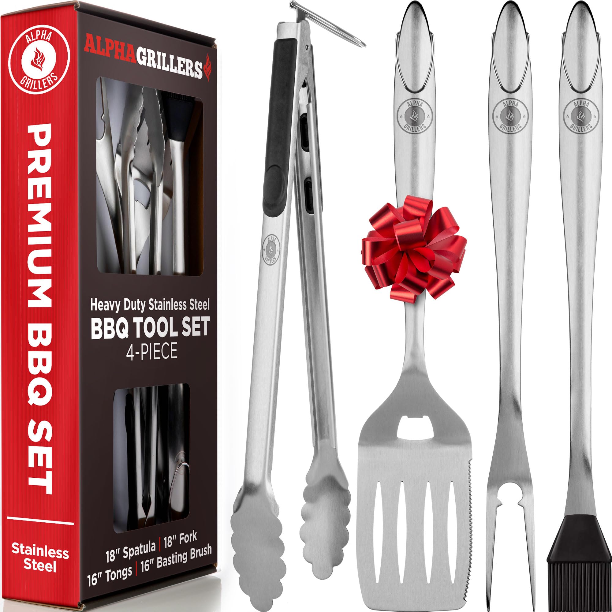 Alpha Grillers Grill Set Heavy Duty Bbq Accessories - Bbq Gifts Tool Set 4Pc Grill Accessories With Spatula, Fork, Brush & Bbq T