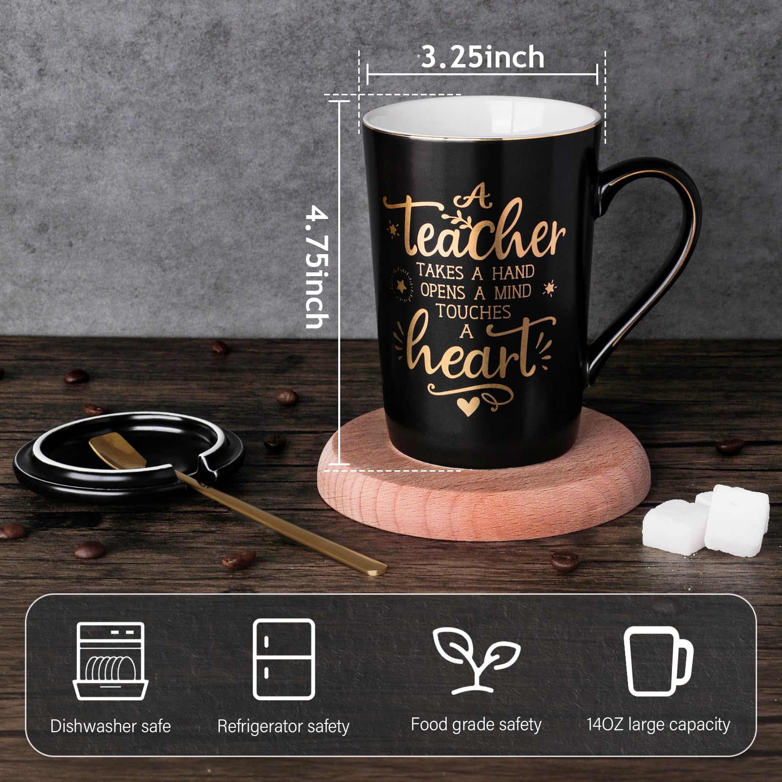 Best Teacher Appreciation Gifts for Men Women, 14oz Unique Black Ceramic Teacher Coffee Mug with Gold Print, Christmas Presents