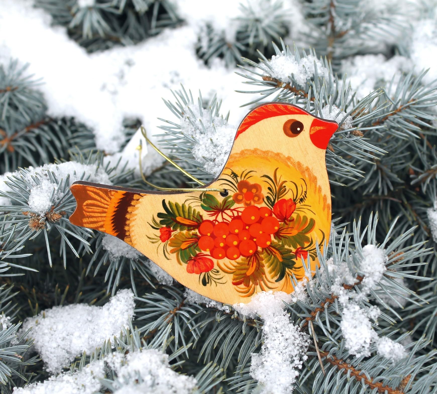 Bird Wooden Flat Ornament Ukrainian Hand Painted on Both Sides 4,3 x 3,3 x 0,2 inch. Christmas Tree and Easter Decoration Folk R