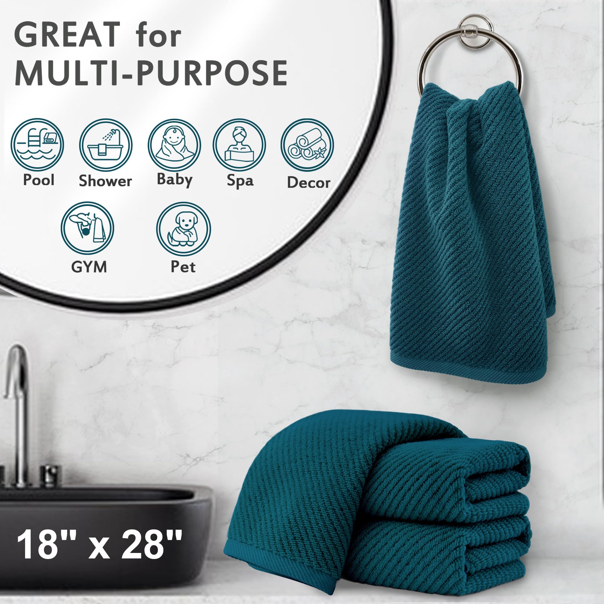 Voova & Movas Bathroom Hand Towels - 4Pc Large 18'' X 28'', 100% Cotton | Lightweight | Thick | Quick Dry | Soft | Absorbent, Ha