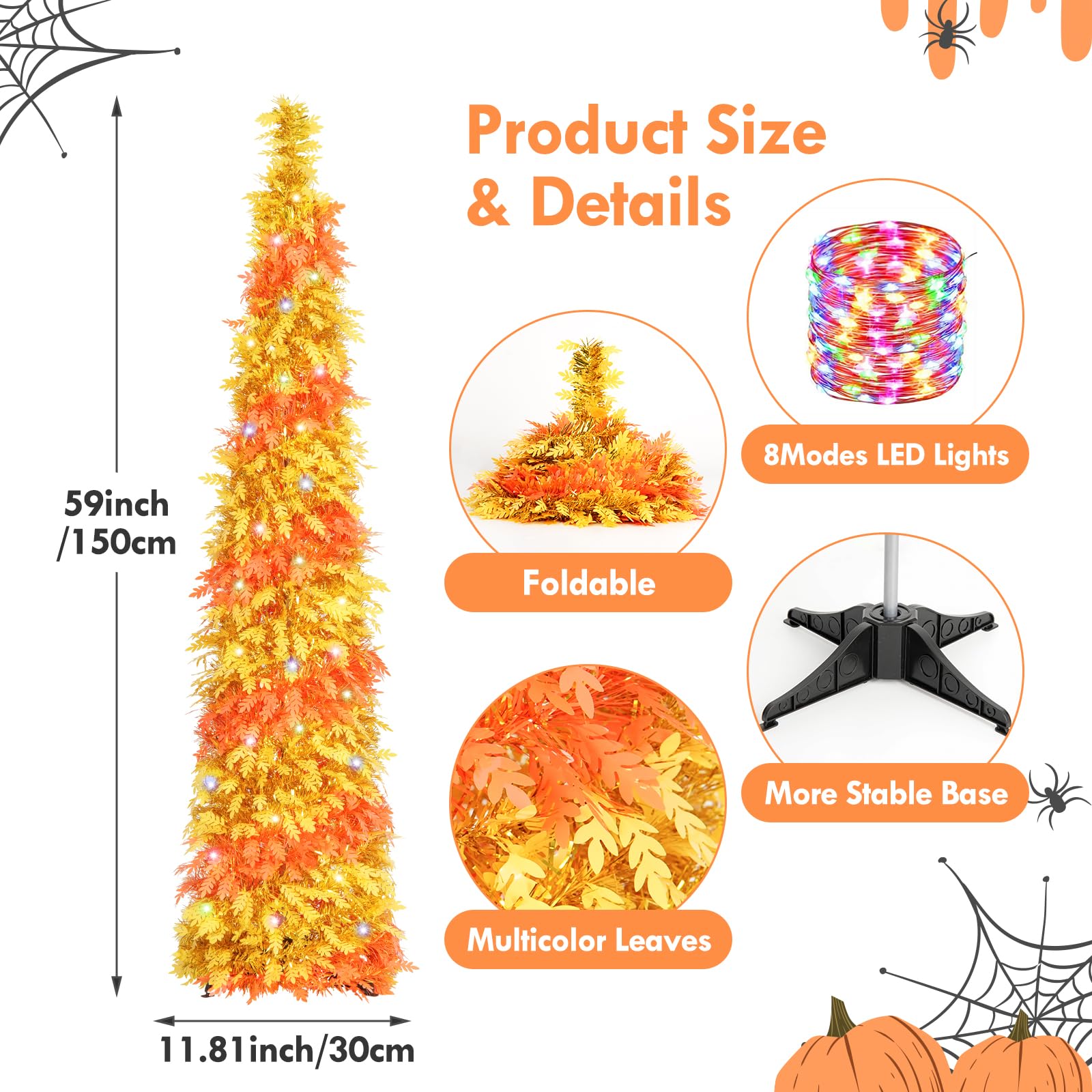 N&T NIETING Fall Tree Home Decor, Pop Up Tree with Lights & Timer & 8 Modes, Collapsible Tinsel Pencil Tree for Autumn Harvest P