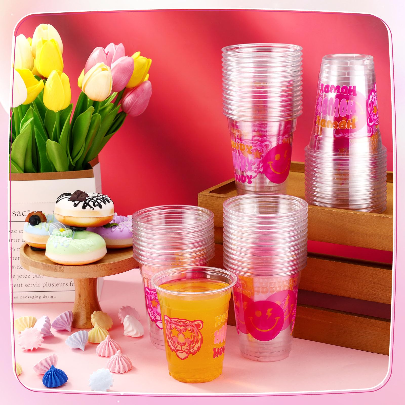 Yaomiao 50 Pieces Preppy Cups 12 Oz Bulk Howdy Disposable Plastic Cups Smile Preppy Birthday Clear Drinking Beverage Cups For Te