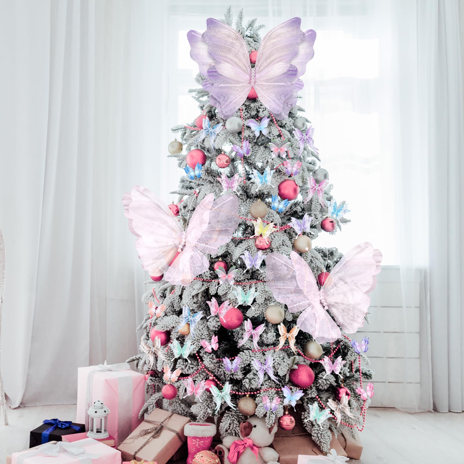 Suncalla 49 Pcs Christmas Tree Butterfly Ornaments Decoration 3D Pink Purple Jumbo Butterfly Tree Topper Girly Fairy Butterflies