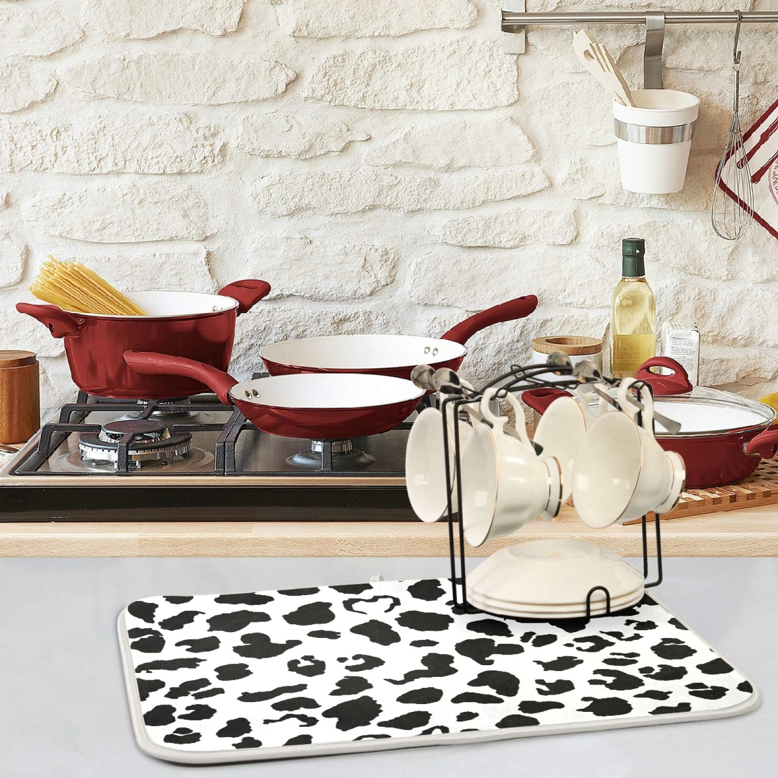 Zzwwr Cute Black White Cow Skin Absorbent Dish Drying Mat Microfiber Kitchen Countertop Table Protector Multi-Purpose Counter Ra