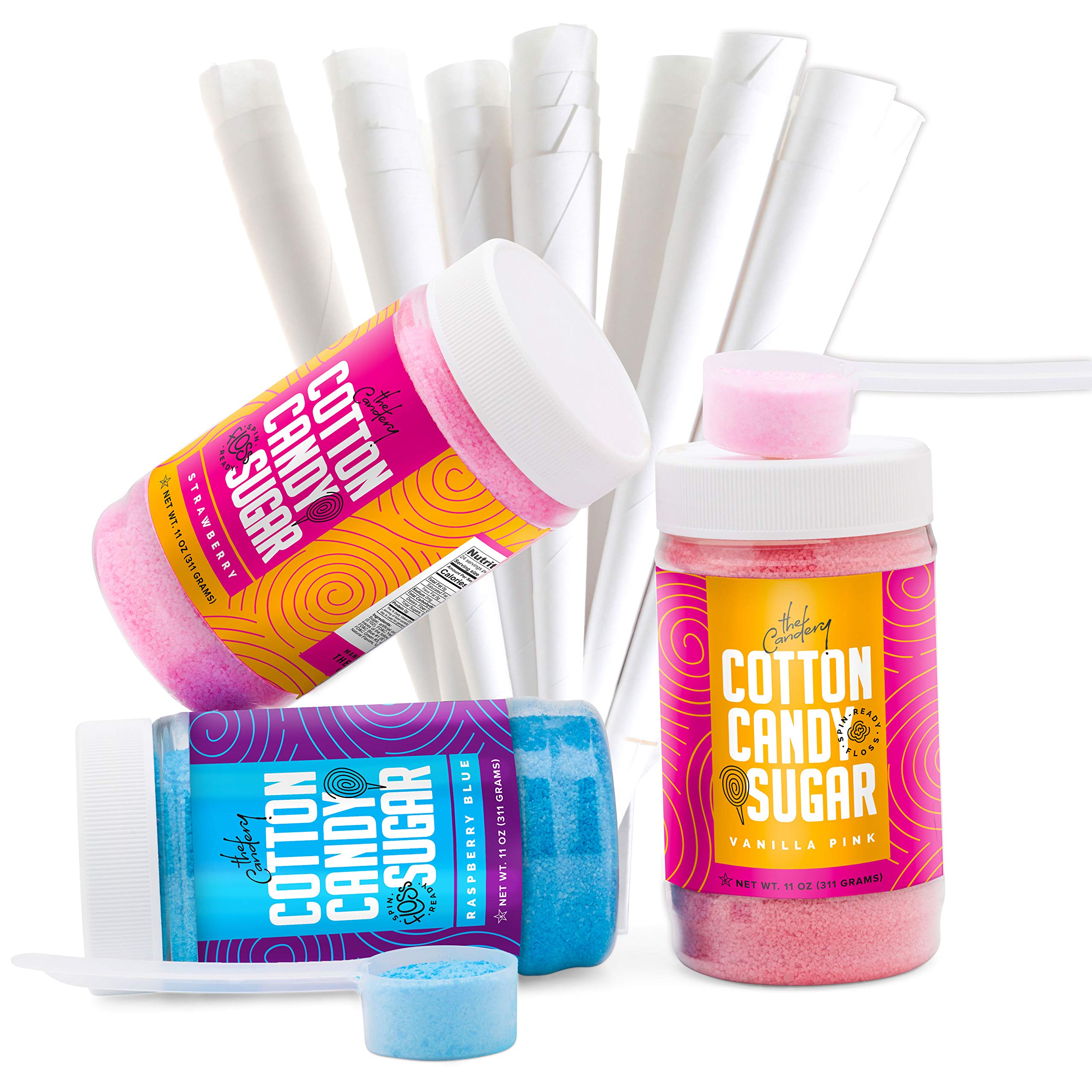 The Candery Cotton Candy Floss Sugar (3-Pack) Includes 50 Premium Cones (3-Pack 11Oz With 50 Cones) Kosher